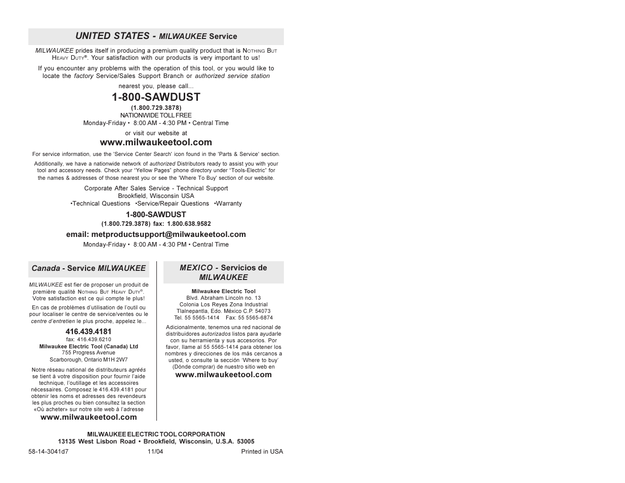 800-sawdust, United states | Milwaukee 6215 User Manual | Page 27 / 27