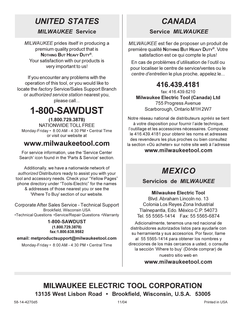 800-sawdust, United states, Canada | Mexico, Milwaukee electric tool corporation | Milwaukee 4270-20 User Manual | Page 28 / 28