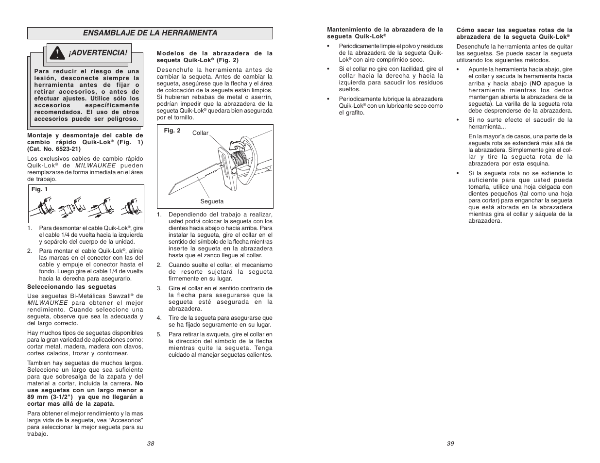 Ensamblaje de la herramienta, Advertencia | Milwaukee 6523-21 User Manual | Page 20 / 25