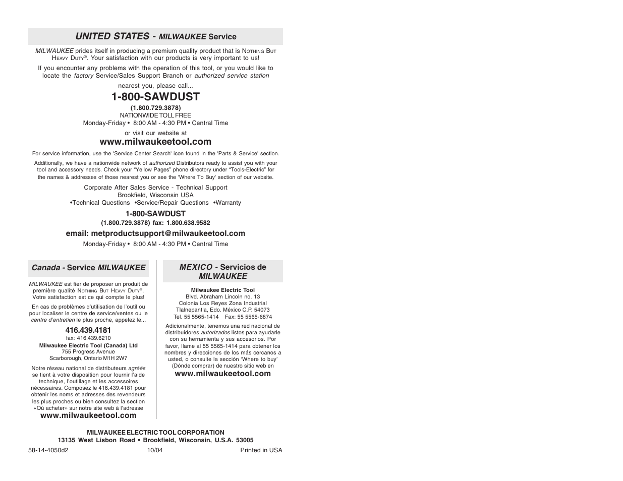 800-sawdust, United states | Milwaukee 6523-21 User Manual | Page 25 / 25