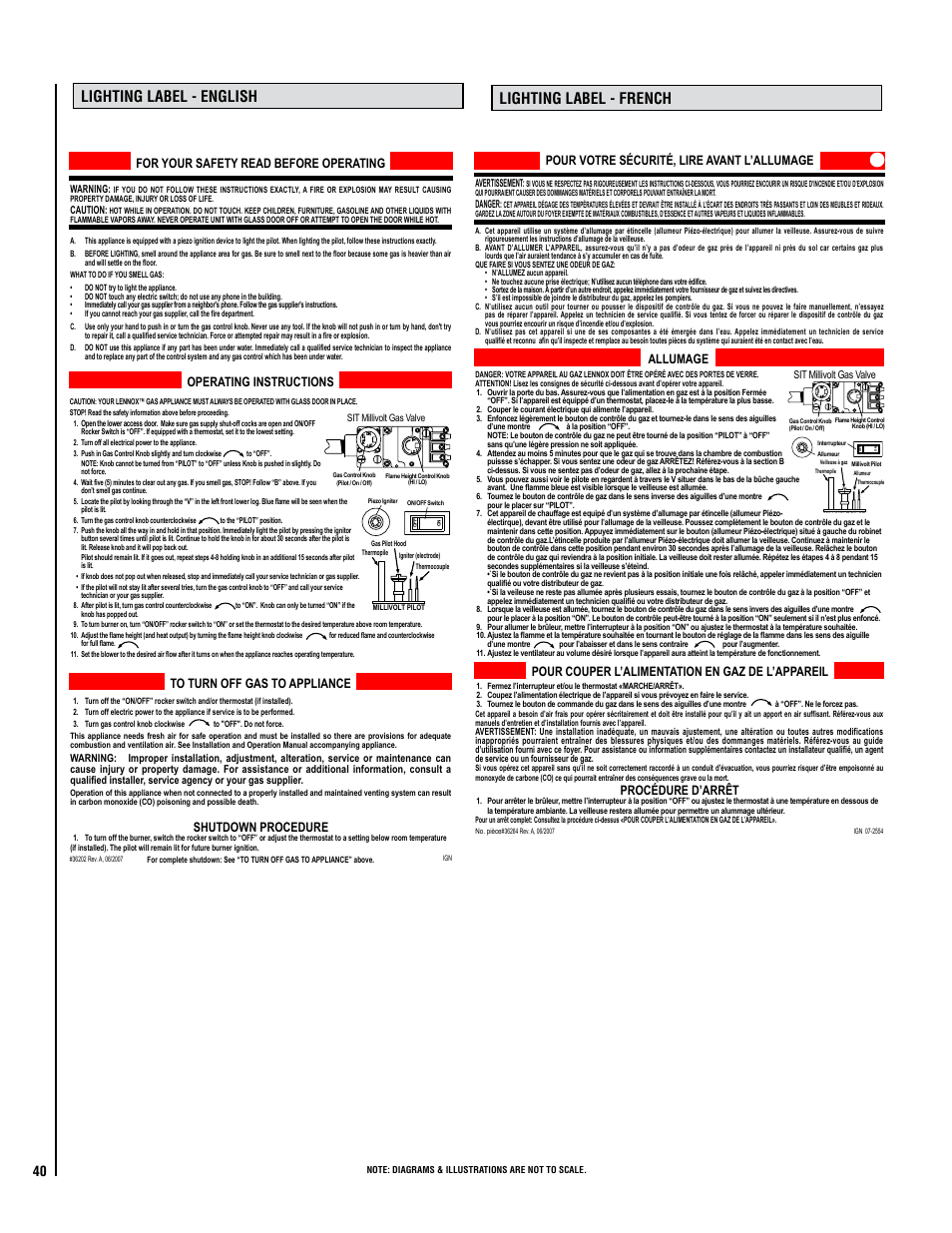 Lighting label - french lighting label - english, For your safety read before operating, Shutdown procedure operating instructions | Pour votre sécurité, lire avant l’allumage, Pour couper l’alimentation en gaz de l’appareil, Procédure d’arrêt allumage | Milwaukee RAVL42 User Manual | Page 40 / 42