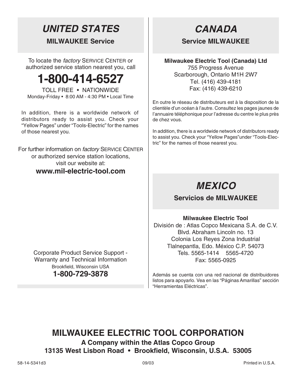 United states, Canada, Mexico | Milwaukee electric tool corporation | Milwaukee 1-1/2" User Manual | Page 28 / 28