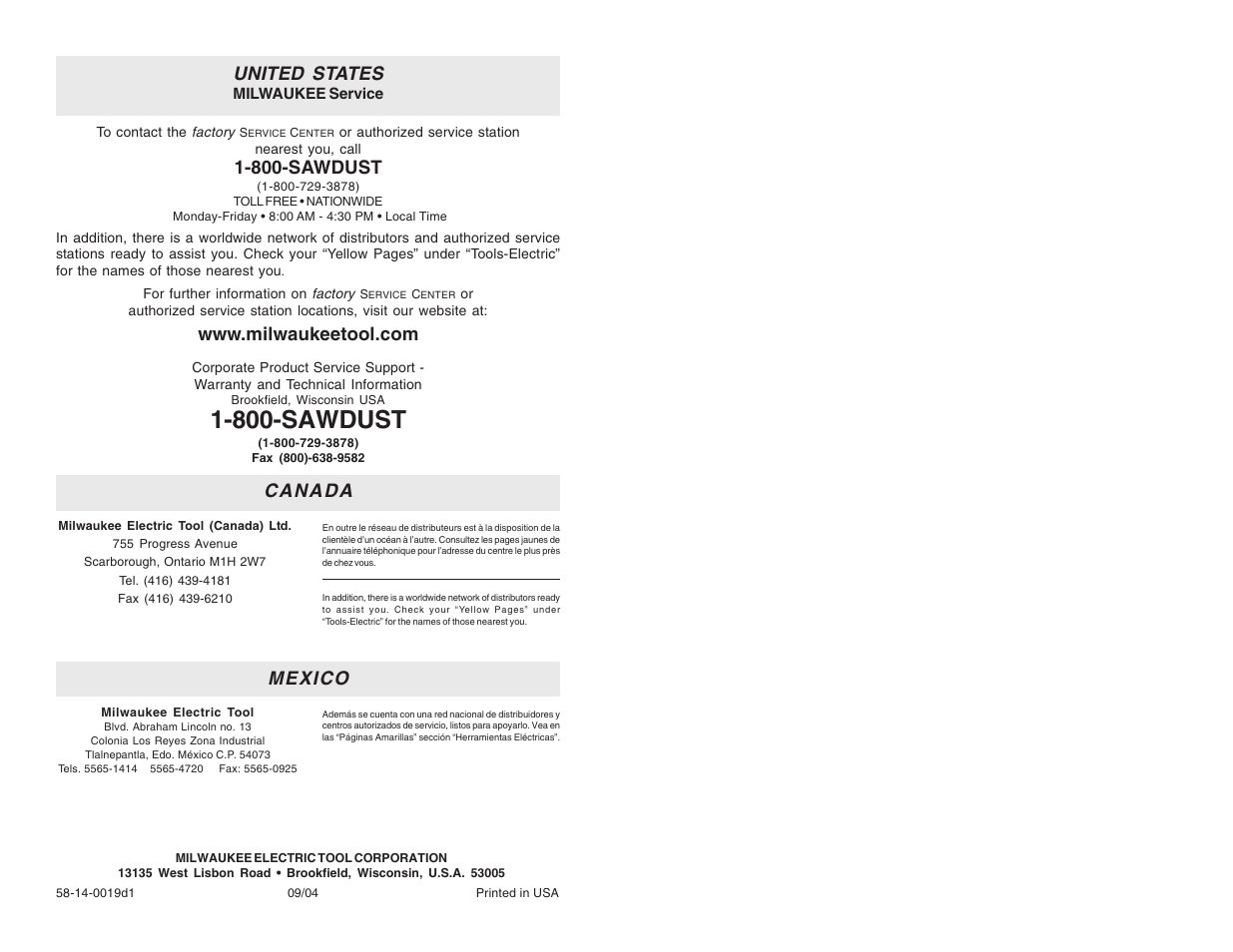 United states, 800-sawdust, Mexico | Canada | Milwaukee V28 0719-20 User Manual | Page 19 / 19