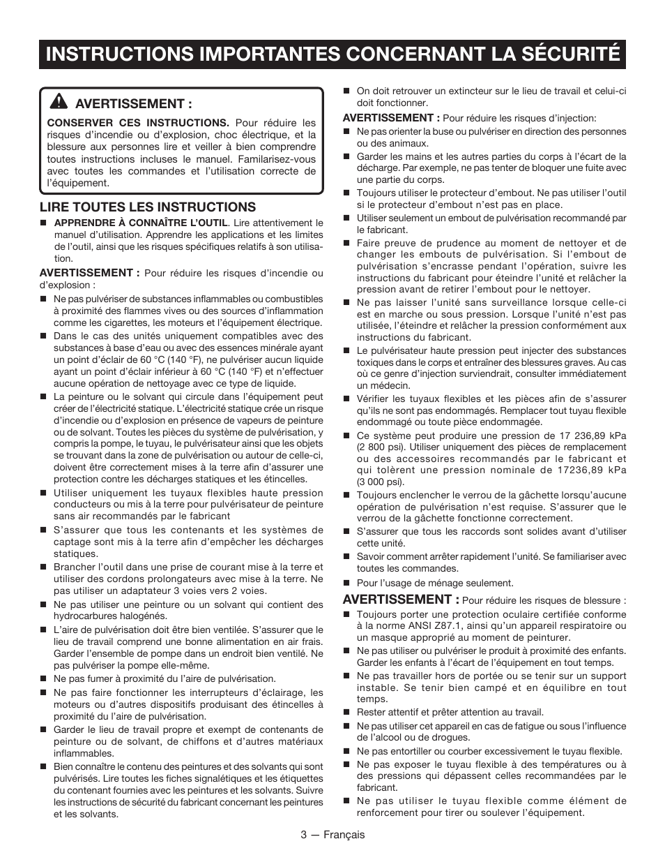 Instructions importantes concernant la sécurité, Avertissement, Lire toutes les instructions | Milwaukee M4910-20 User Manual | Page 21 / 48