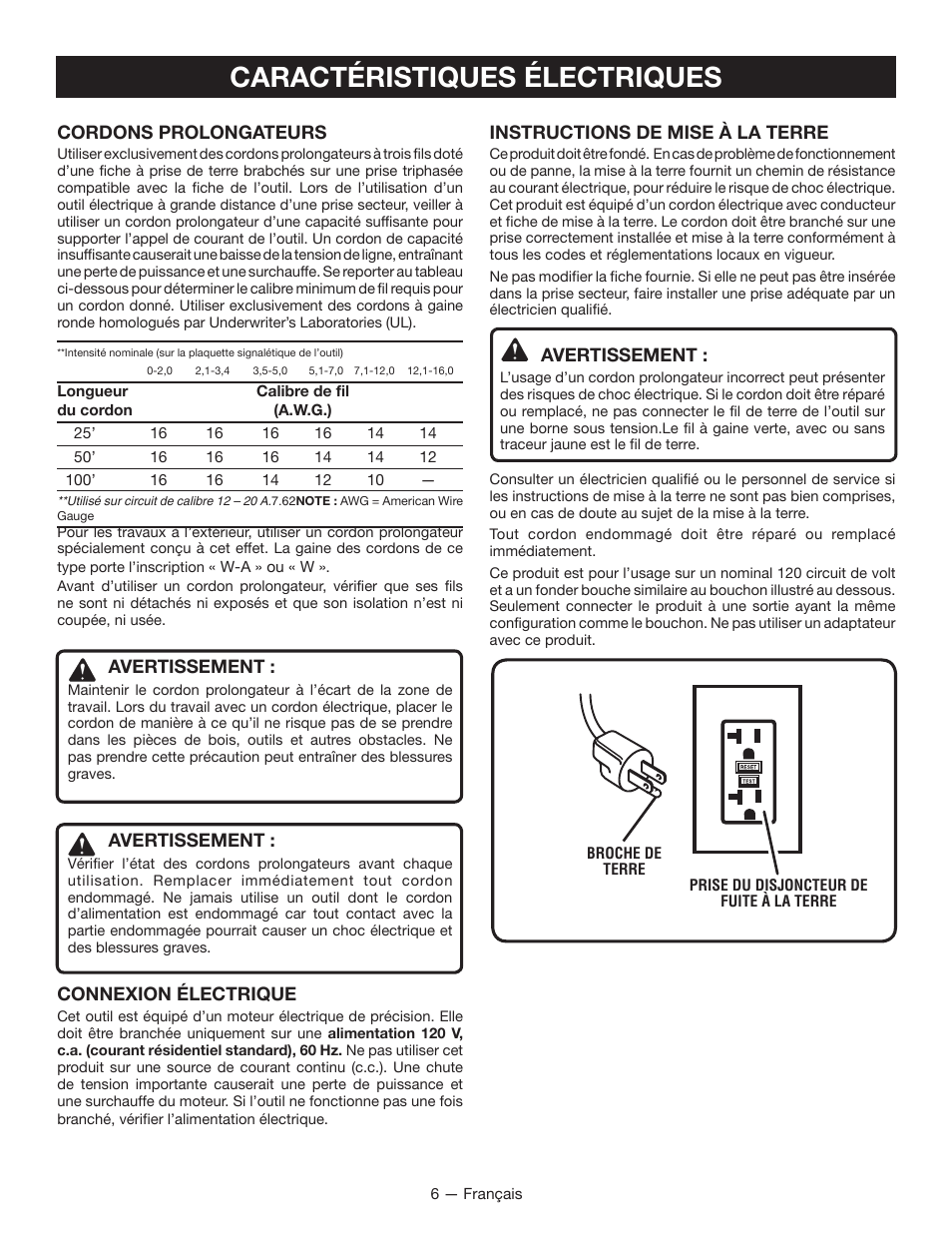 Caractéristiques électriques, Cordons prolongateurs, Avertissement | Connexion électrique, Instructions de mise à la terre | Milwaukee M4910-20 User Manual | Page 24 / 48