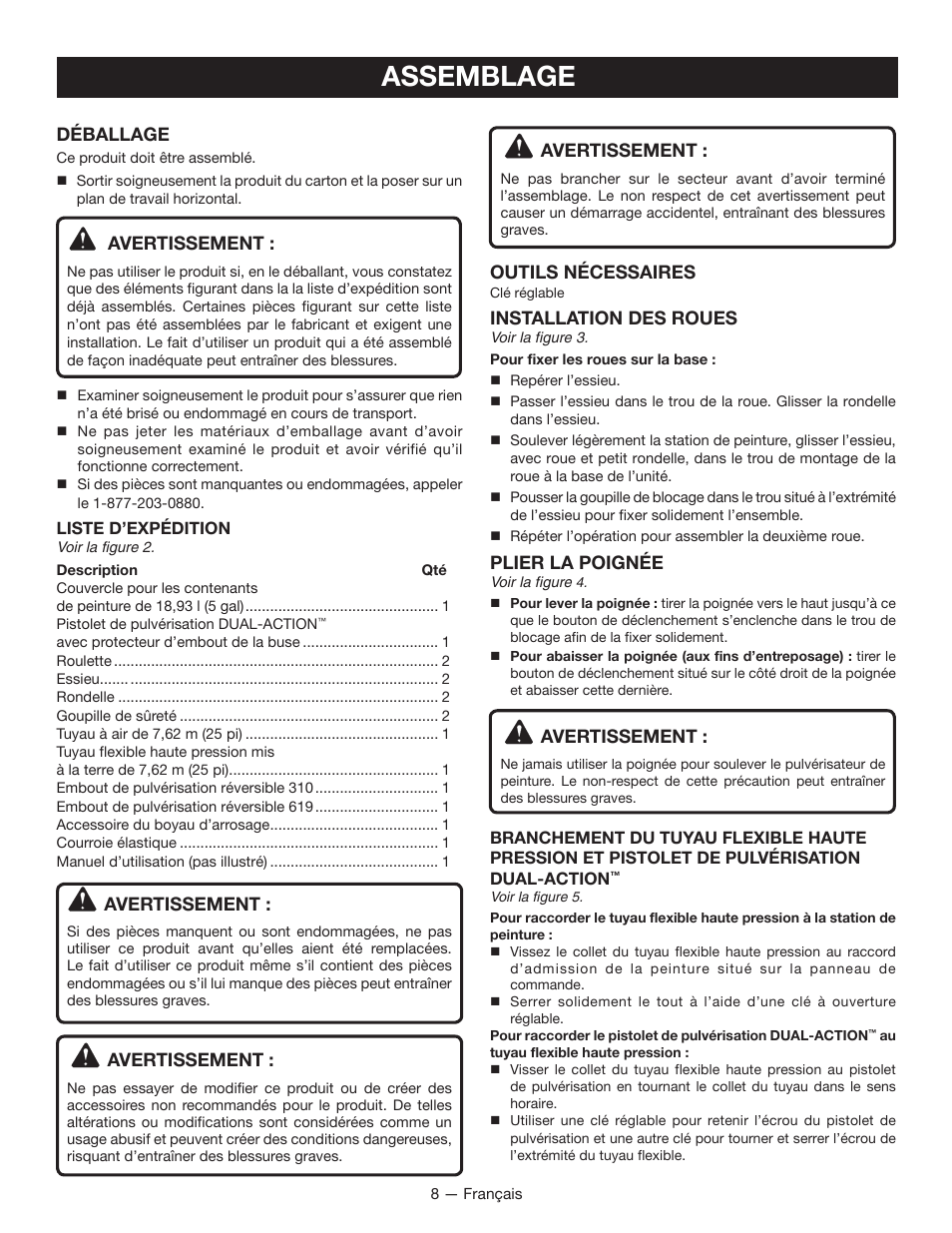Assemblage, Déballage, Avertissement | Outils nécessaires, Installation des roues, Plier la poignée | Milwaukee M4910-20 User Manual | Page 26 / 48