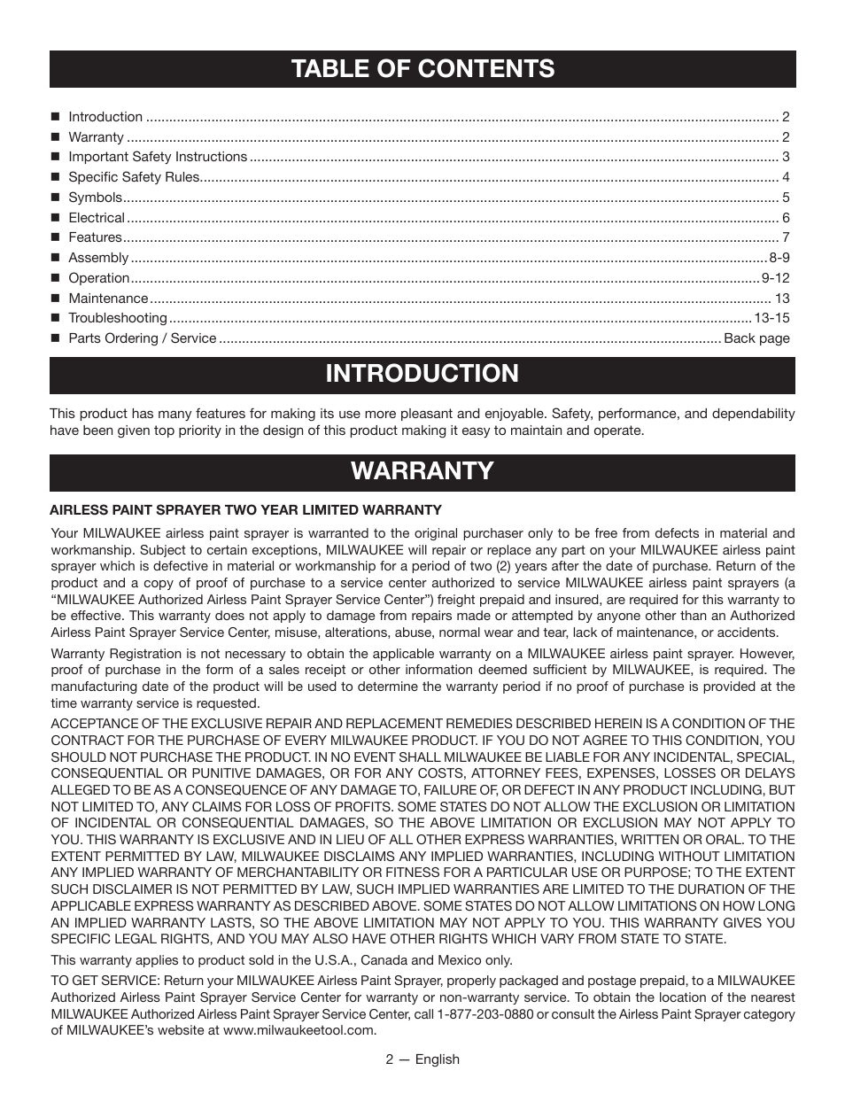 Table of contents introduction, Warranty | Milwaukee M4910-20 User Manual | Page 7 / 48