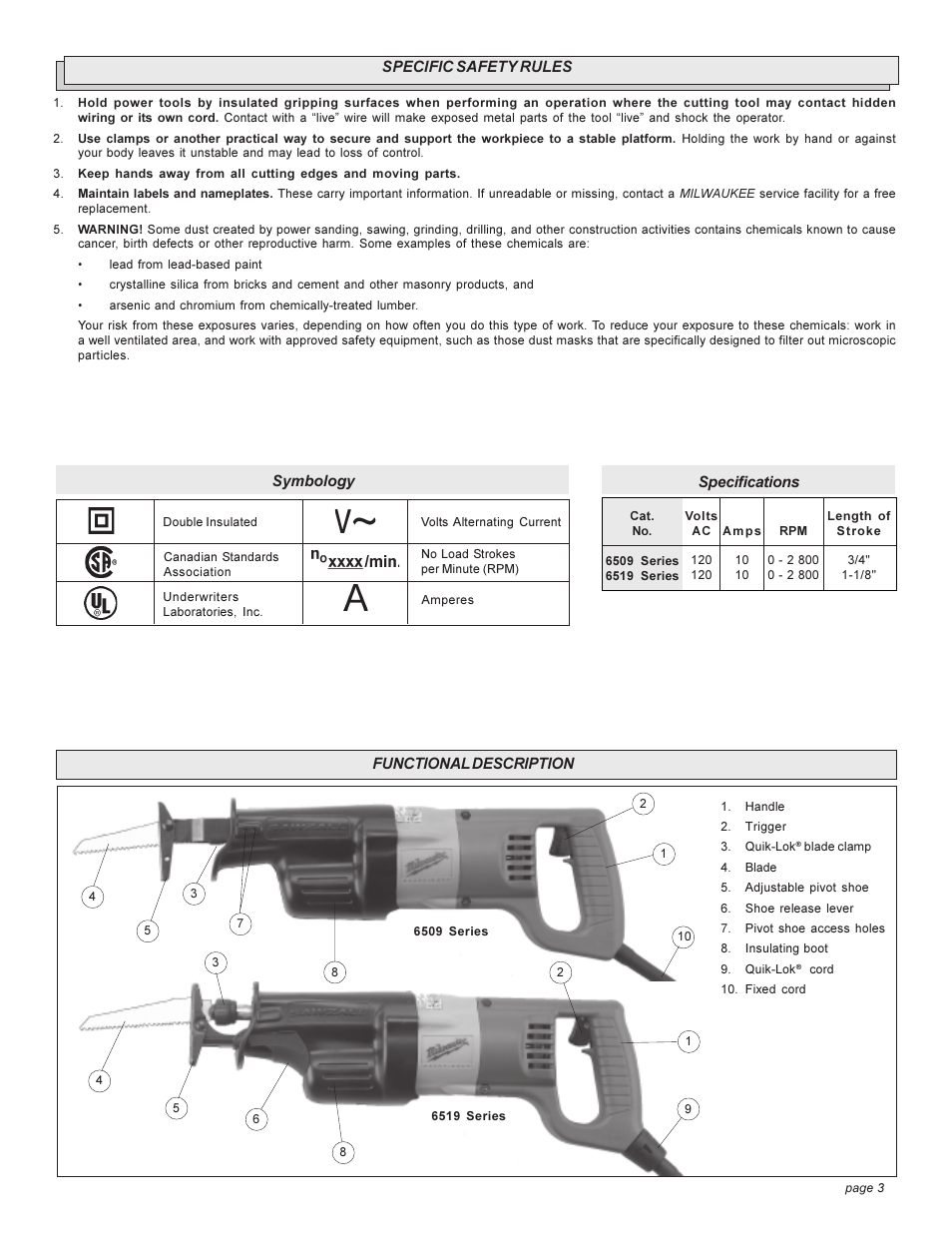 Milwaukee 6509 User Manual | Page 3 / 24