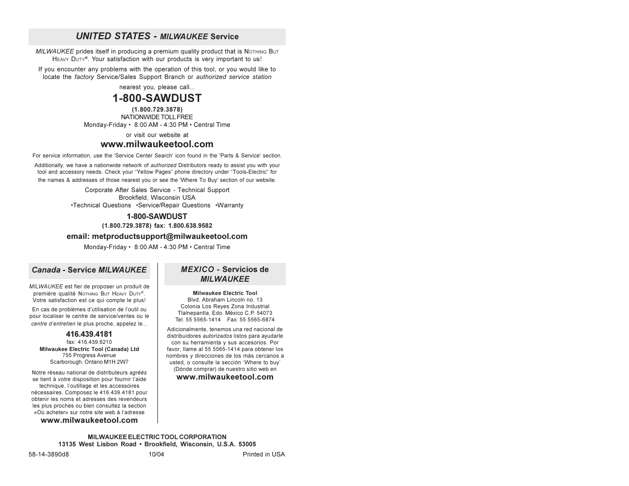 800-sawdust, United states | Milwaukee 6560 Series User Manual | Page 21 / 21