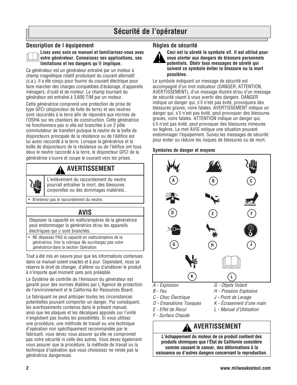 Sécurité de l’opérateur, Avertissement, Avis | Milwaukee 4970-24 User Manual | Page 42 / 60