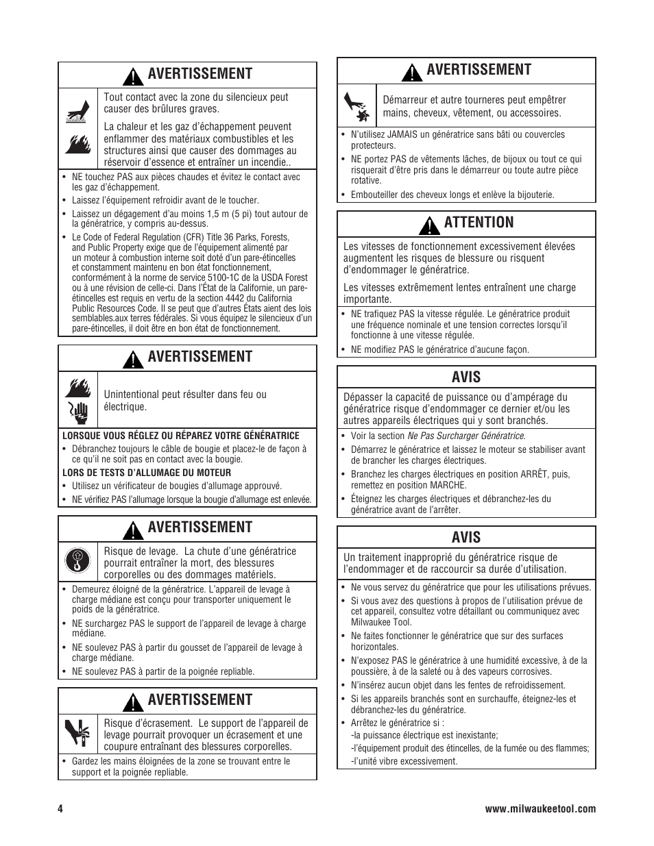 Avertissement, Attention, Avis | Milwaukee 4970-24 User Manual | Page 44 / 60