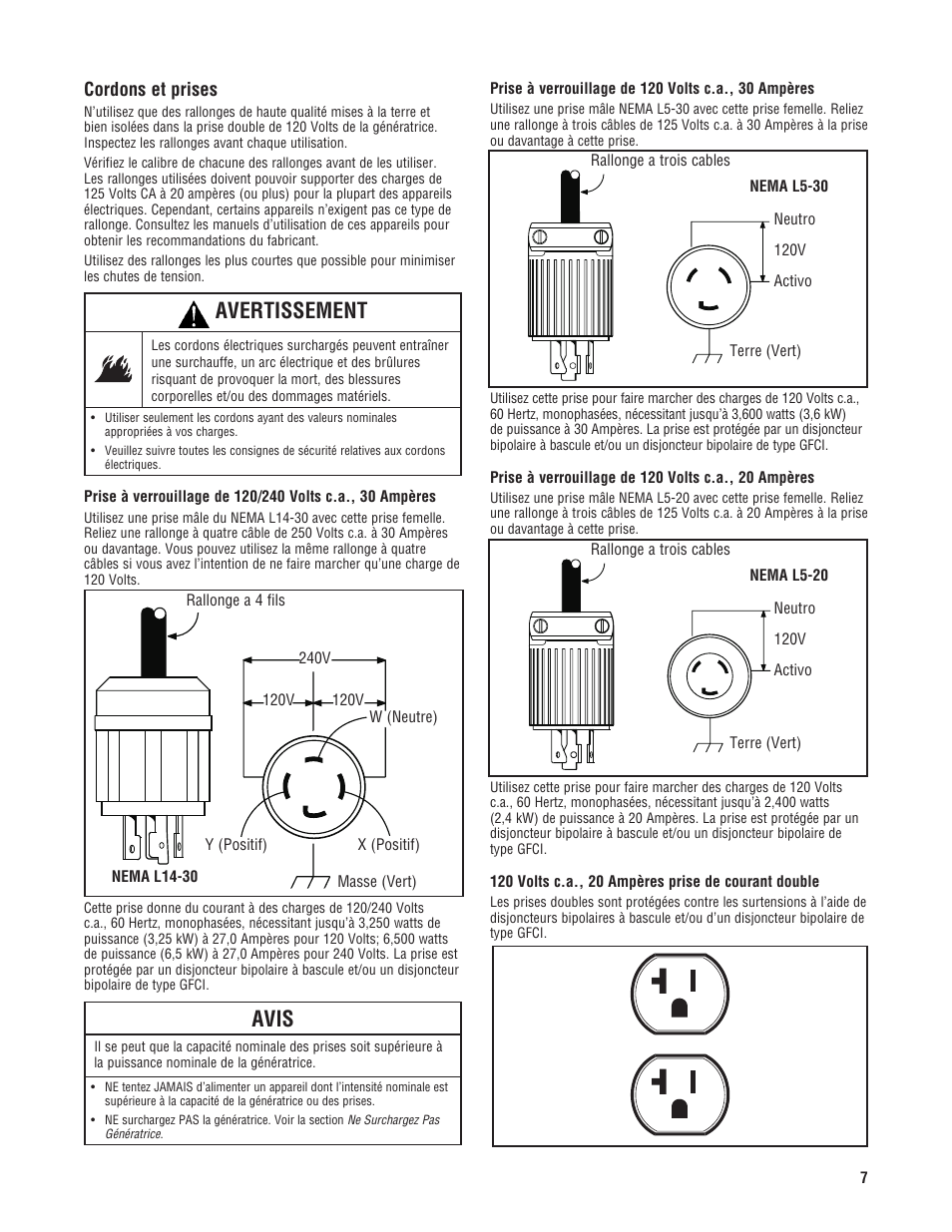 Avertissement, Avis, Cordons et prises | Milwaukee 4970-24 User Manual | Page 47 / 60