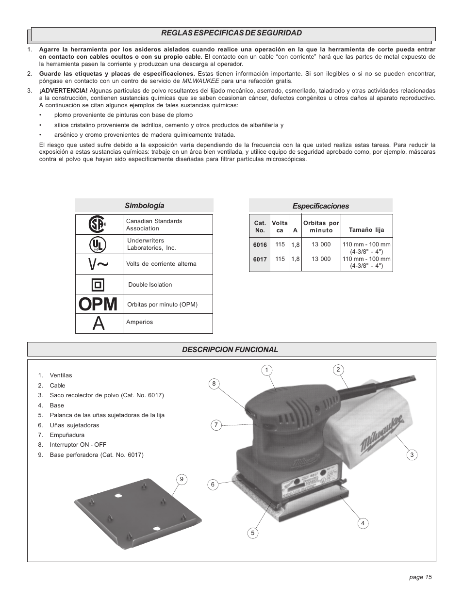 Milwaukee FINISHING SANDER User Manual | Page 15 / 20