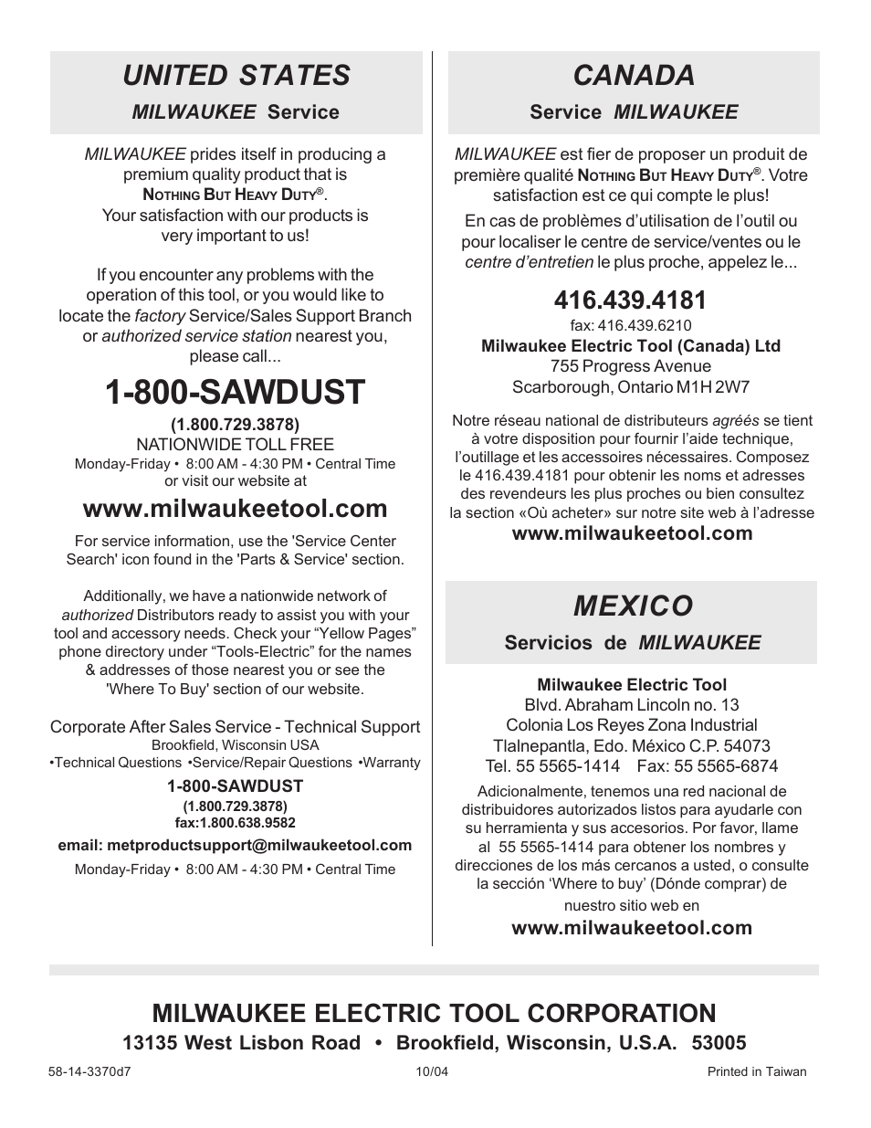 800-sawdust, United states, Canada | Mexico, Milwaukee electric tool corporation | Milwaukee FINISHING SANDER User Manual | Page 20 / 20