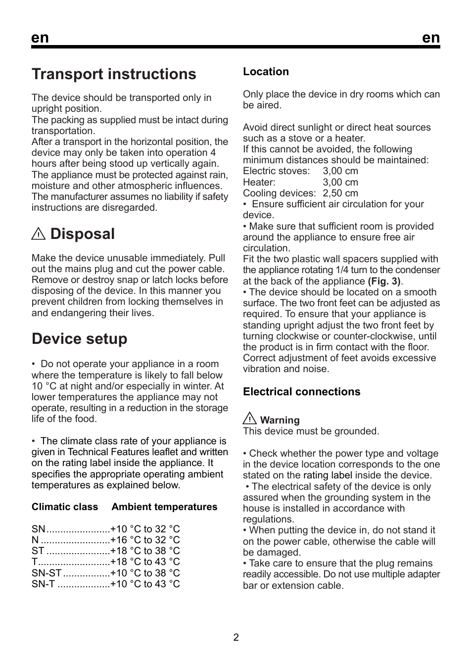 En transport instructions, Disposal, Device setup | Beko RRN 2650 User Manual | Page 9 / 18