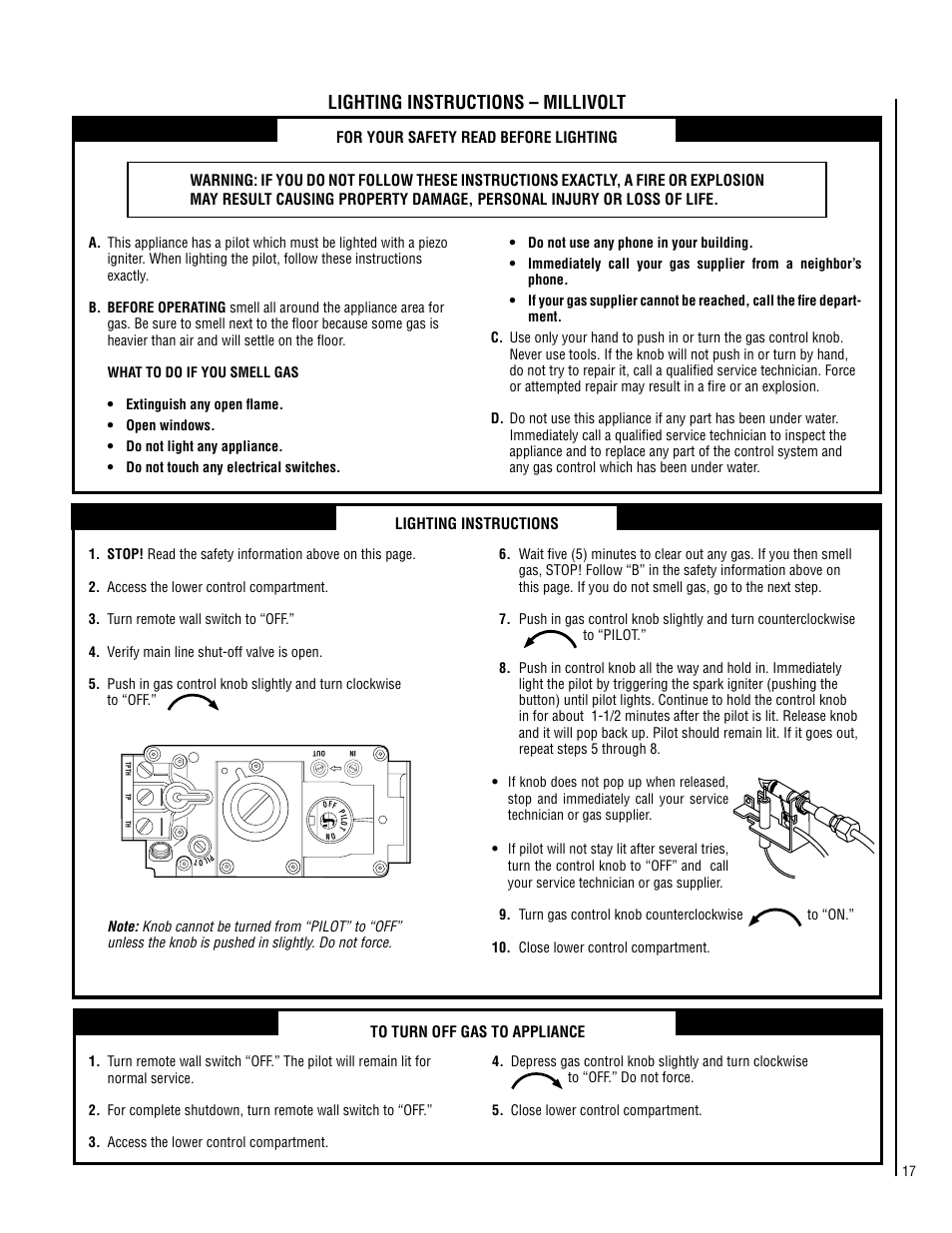 Lighting instructions – millivolt | Milwaukee LSVFSD-LP User Manual | Page 17 / 20