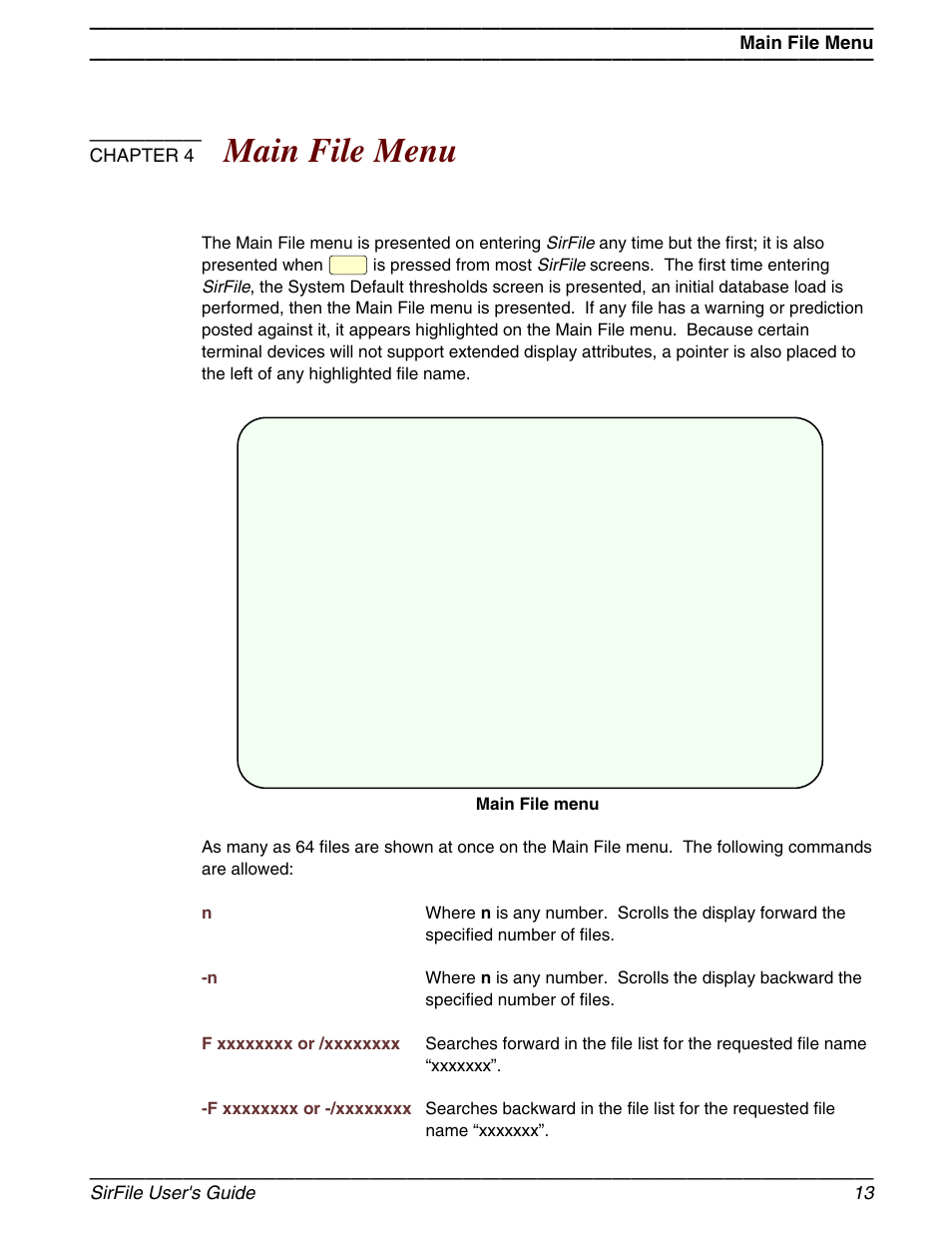 Main file menu, Chapter 4, Sirfile user's guide 13 | March Products 204 User Manual | Page 19 / 56