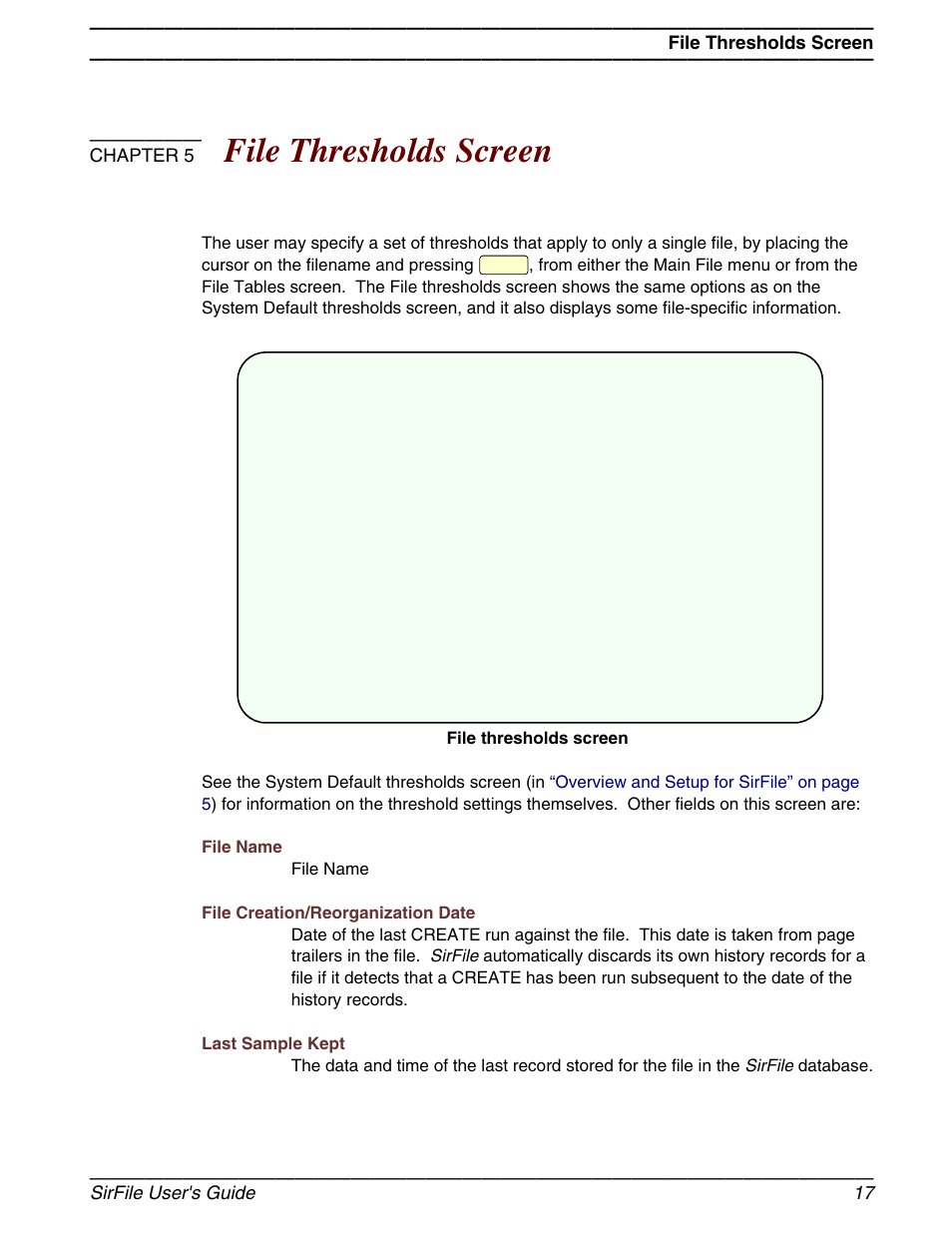 File thresholds screen, Chapter 5, Sirfile user's guide 17 | March Products 204 User Manual | Page 23 / 56