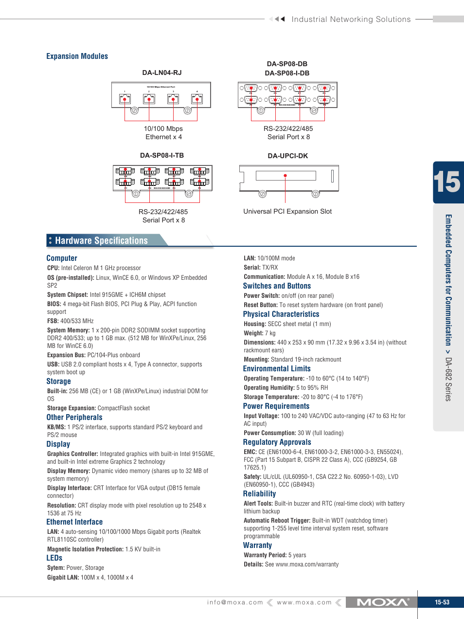 Hardware specifi cations, Industrial networking solutions, Computer | Storage, Other peripherals, Display, Ethernet interface, Leds, Switches and buttons, Physical characteristics | Moxa Technologies DA-682 User Manual | Page 2 / 4