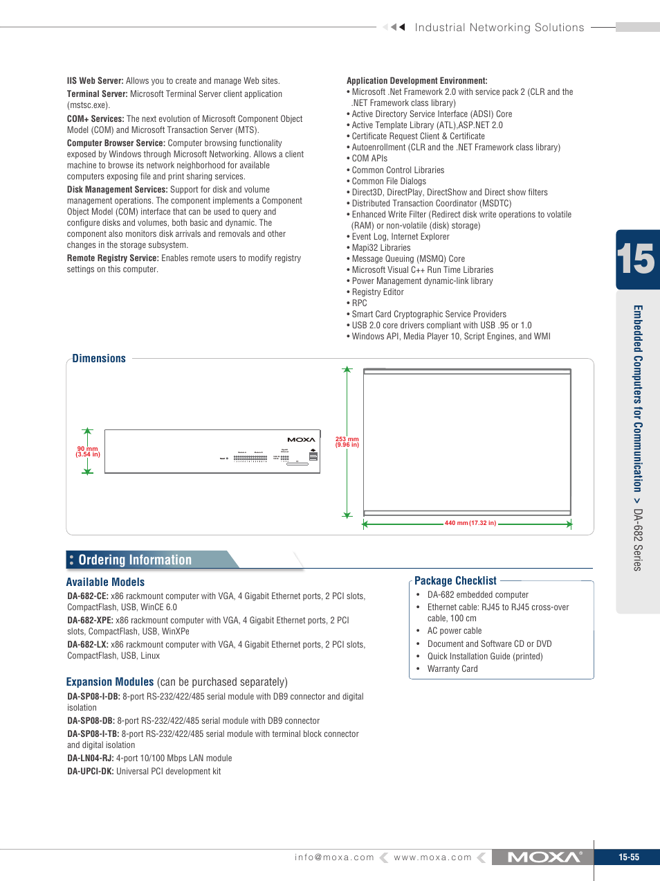 Ordering information, Industrial networking solutions, Package checklist | Dimensions, Available models, Expansion modules (can be purchased separately) | Moxa Technologies DA-682 User Manual | Page 4 / 4