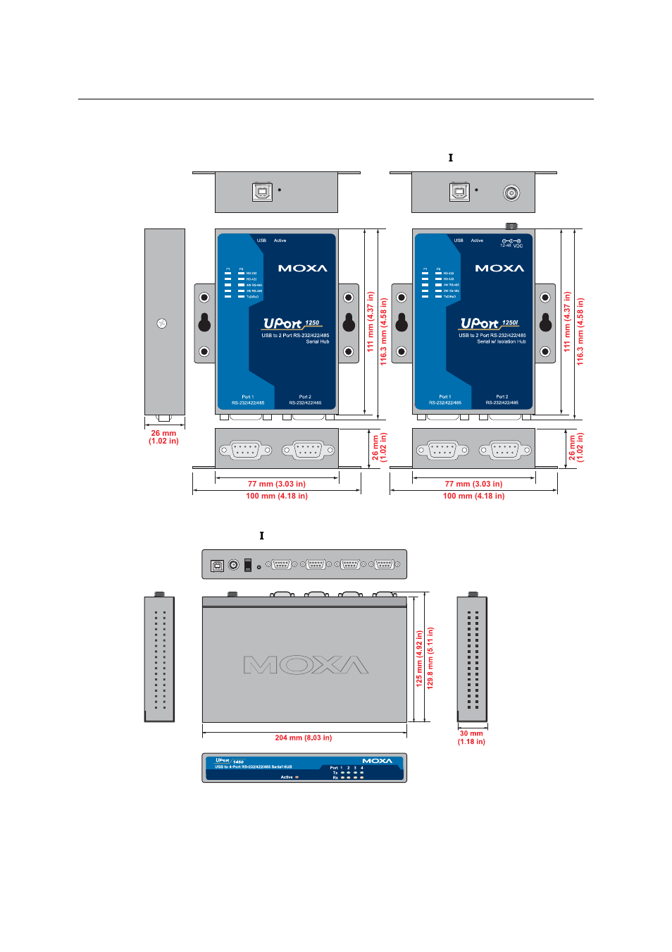 Dimensions, Dimensions -5 | Moxa Technologies UPORT 1600 User Manual | Page 8 / 36