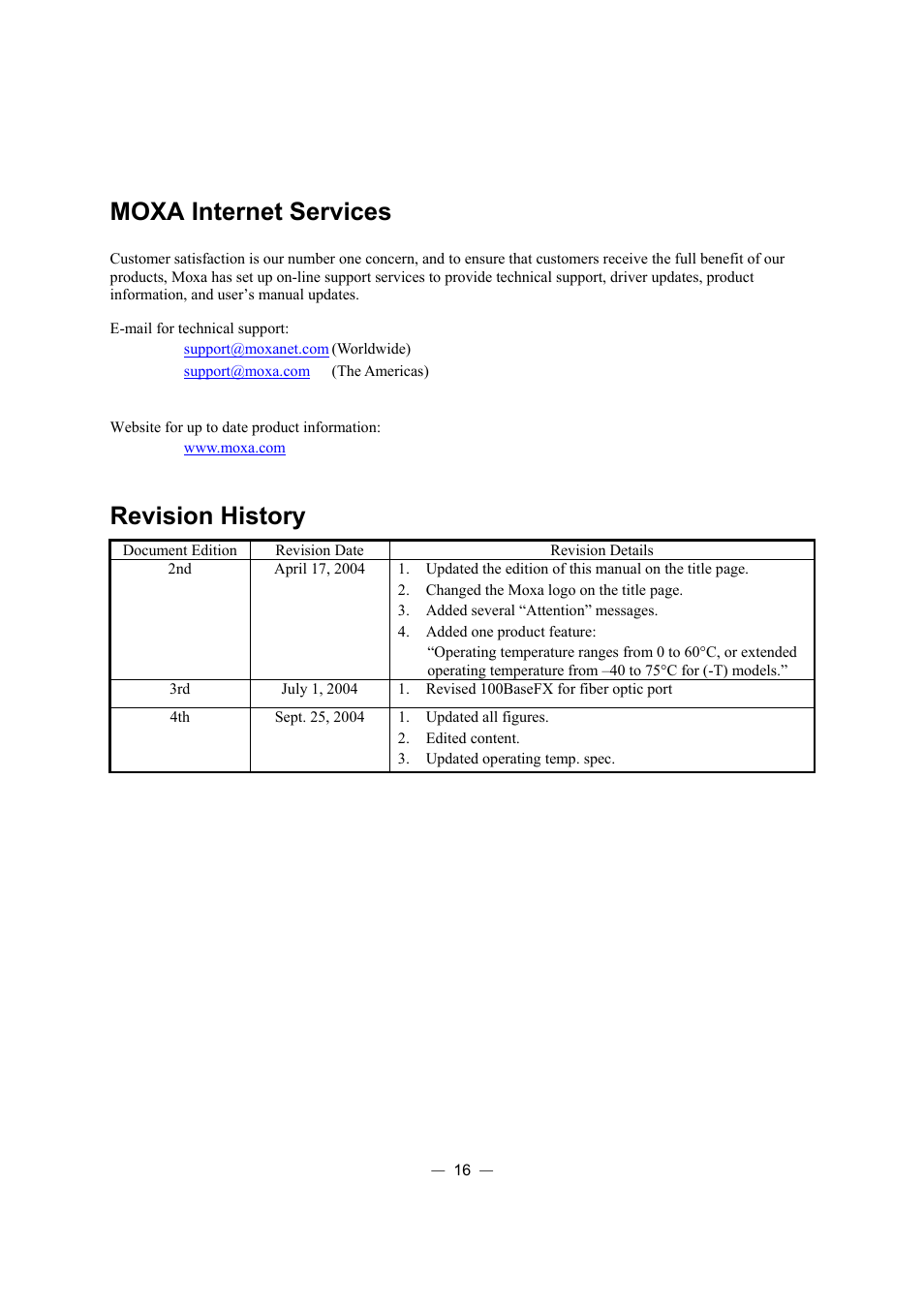 Moxa internet services, Revision history | Moxa Technologies ETHERDEVICE EDS-308 User Manual | Page 17 / 17