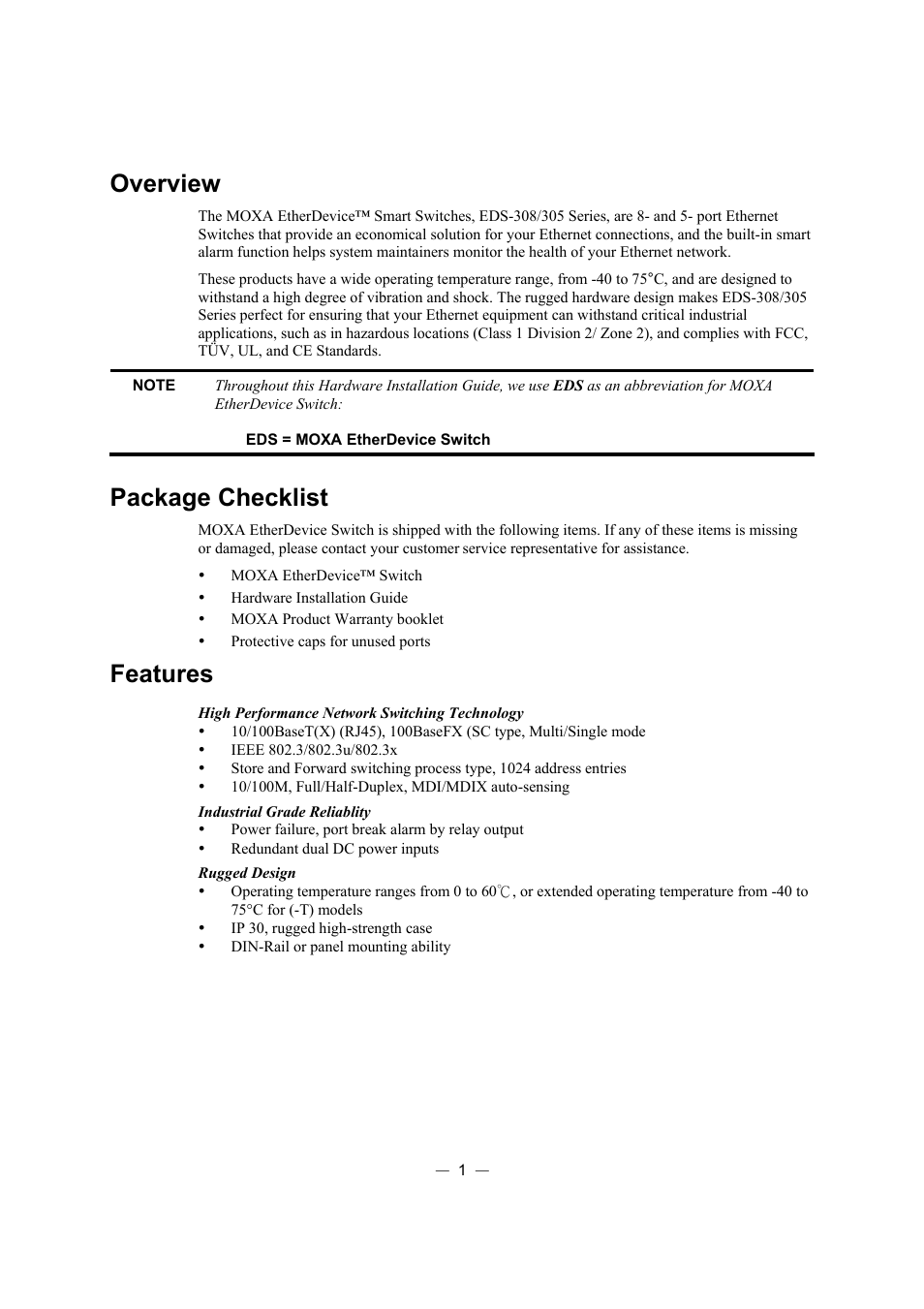 Overview, Package checklist, Features | Moxa Technologies ETHERDEVICE EDS-308 User Manual | Page 2 / 17