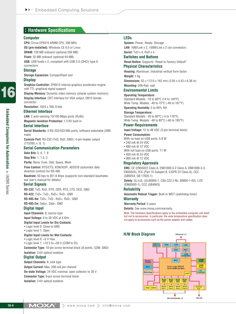 Hardware specifi cations, H/w block diagram computer, Storage | Display, Ethernet interface, Serial interface, Serial communication parameters, Serial signals, Digital input, Digital output | Moxa Technologies IA260 User Manual | Page 2 / 3