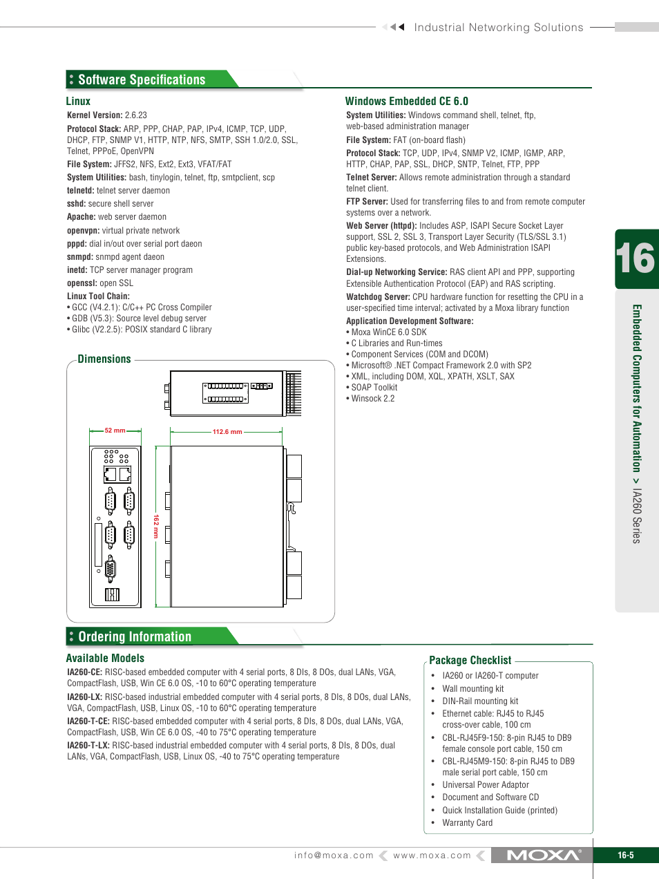 Ordering information software specifi cations | Moxa Technologies IA260 User Manual | Page 3 / 3