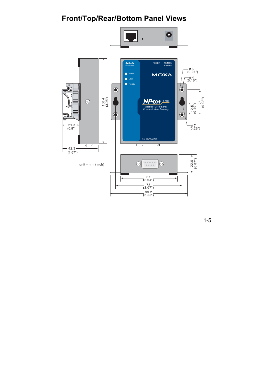 Front/top/rear/bottom panel views, Front/top/rear/bottom panel views -5 | Moxa Technologies NPort 6110 User Manual | Page 10 / 44