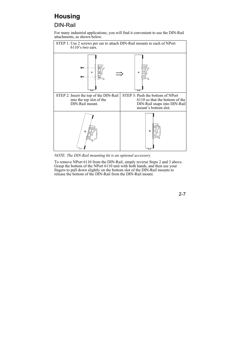 Housing, Din-rail, Housing -7 | Din-rail -7 | Moxa Technologies NPort 6110 User Manual | Page 17 / 44