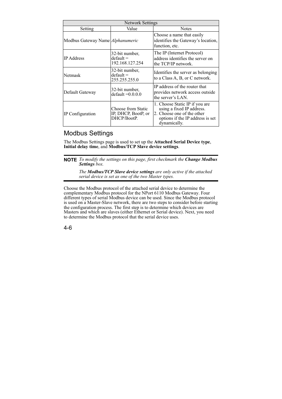 Modbus settings, Modbus settings -6 | Moxa Technologies NPort 6110 User Manual | Page 27 / 44