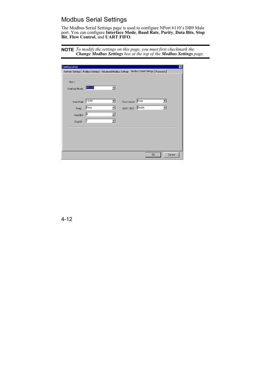 Modbus serial settings, Modbus serial settings -12 | Moxa Technologies NPort 6110 User Manual | Page 33 / 44