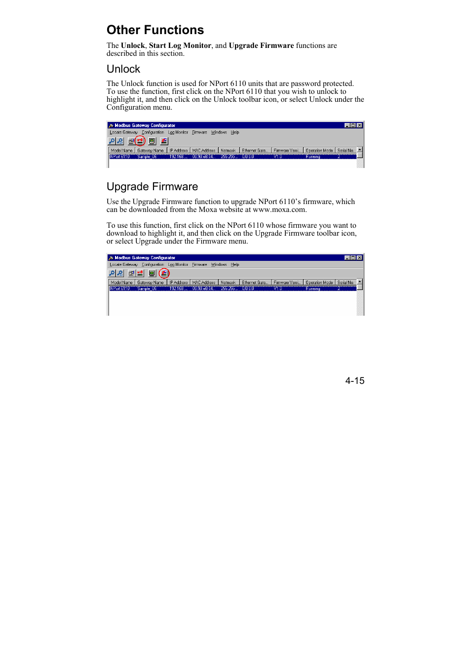 Other functions, Unlock, Upgrade firmware | Other functions -15, Unlock -15, Upgrade firmware -15 | Moxa Technologies NPort 6110 User Manual | Page 36 / 44