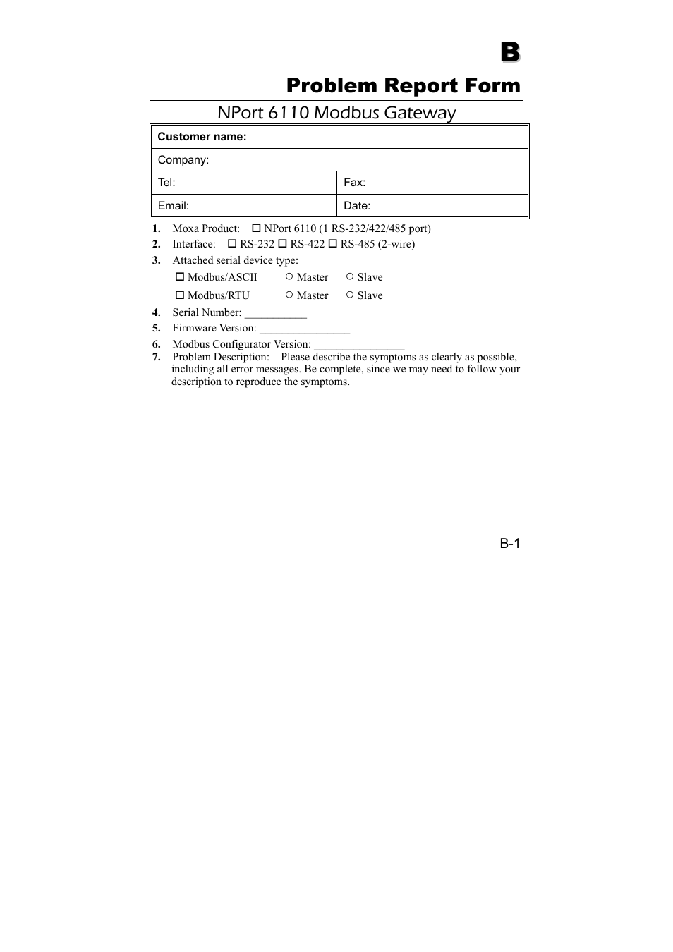 B. problem report form, Problem, Report | Form, Nport 6110 modbus gateway | Moxa Technologies NPort 6110 User Manual | Page 43 / 44