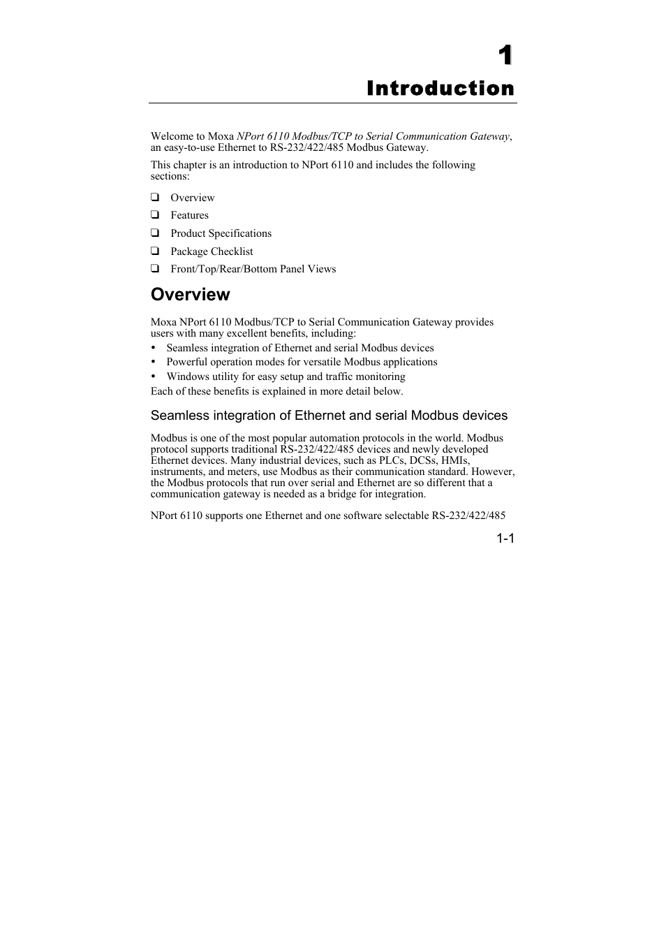 Introduction, Overview, Introduction -1 | Overview -1 | Moxa Technologies NPort 6110 User Manual | Page 6 / 44