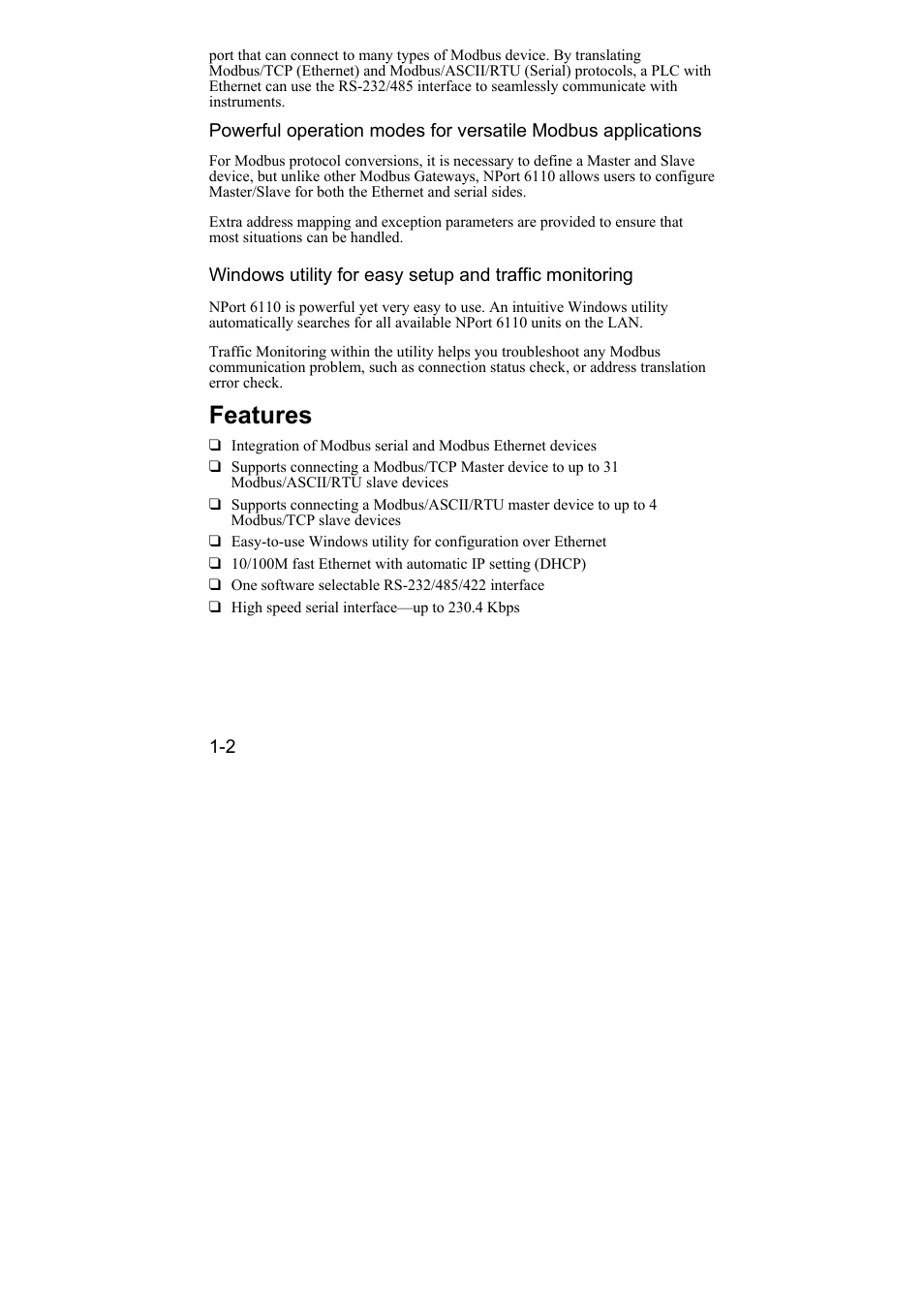 Features, Features -2 | Moxa Technologies NPort 6110 User Manual | Page 7 / 44