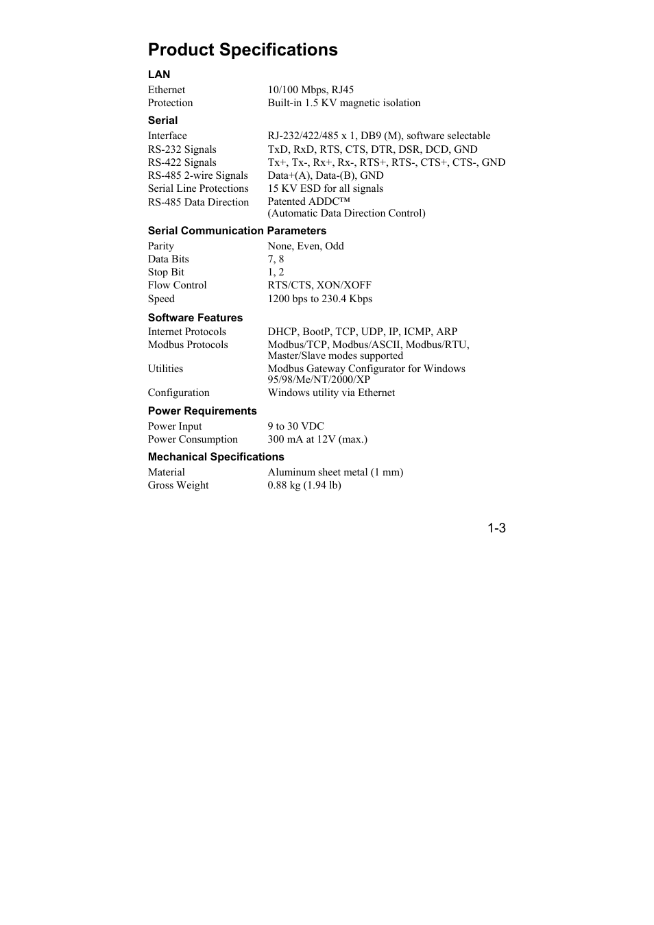 Product specifications, Product specifications -3 | Moxa Technologies NPort 6110 User Manual | Page 8 / 44