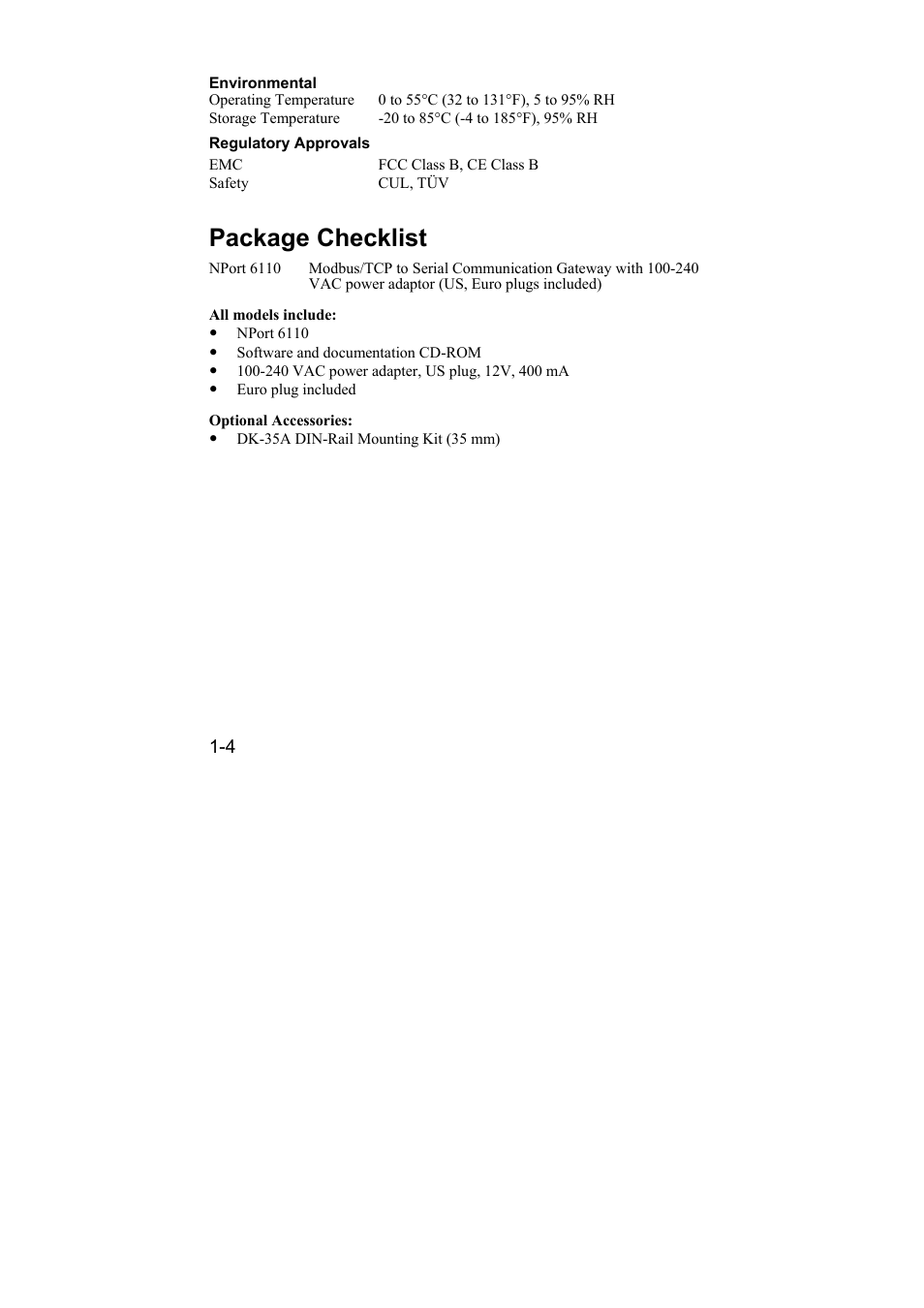 Package checklist, Package checklist -4 | Moxa Technologies NPort 6110 User Manual | Page 9 / 44