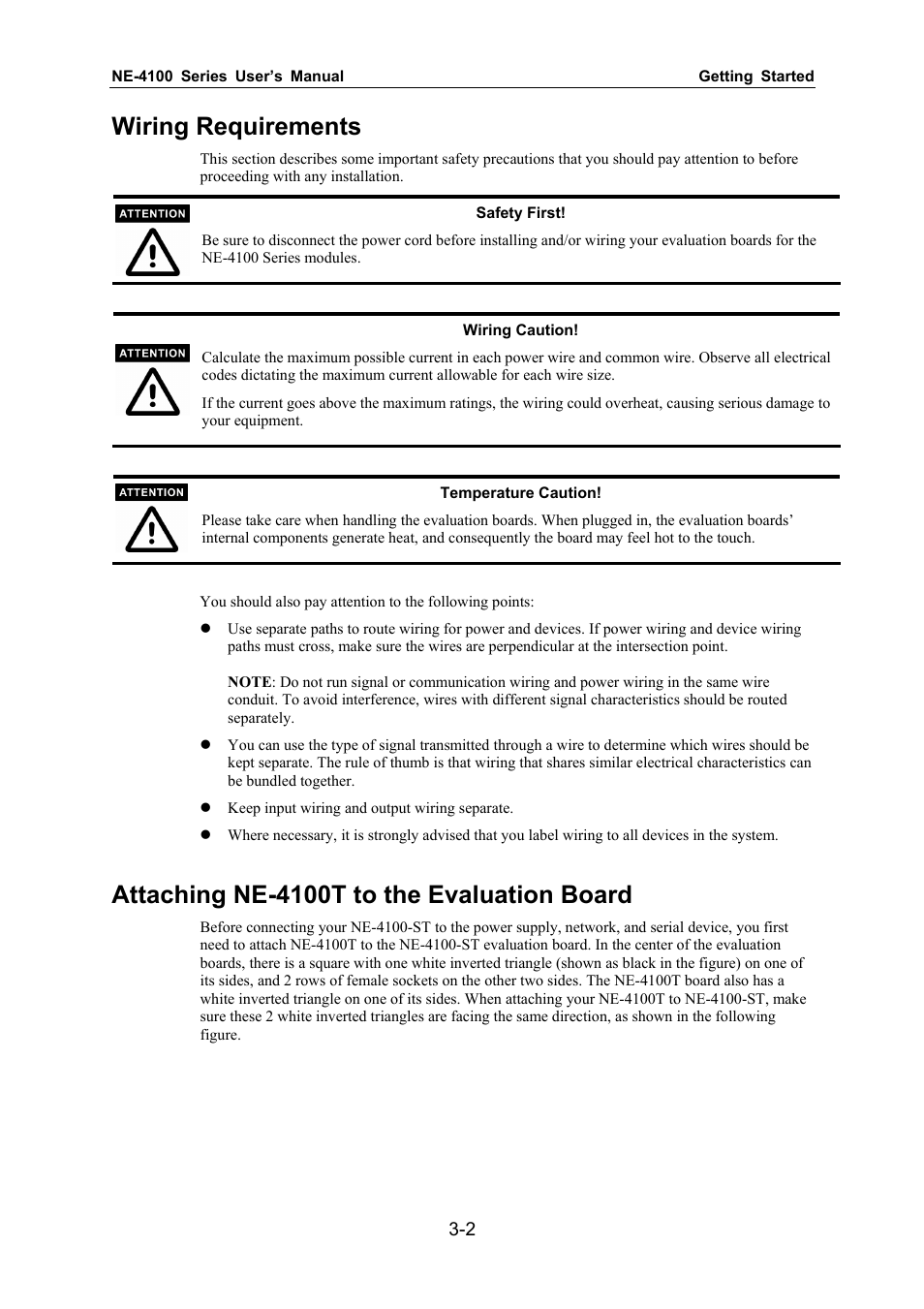 Wiring requirements, Attaching ne-4100t to the evaluation board | Moxa Technologies NE-4100 User Manual | Page 21 / 90