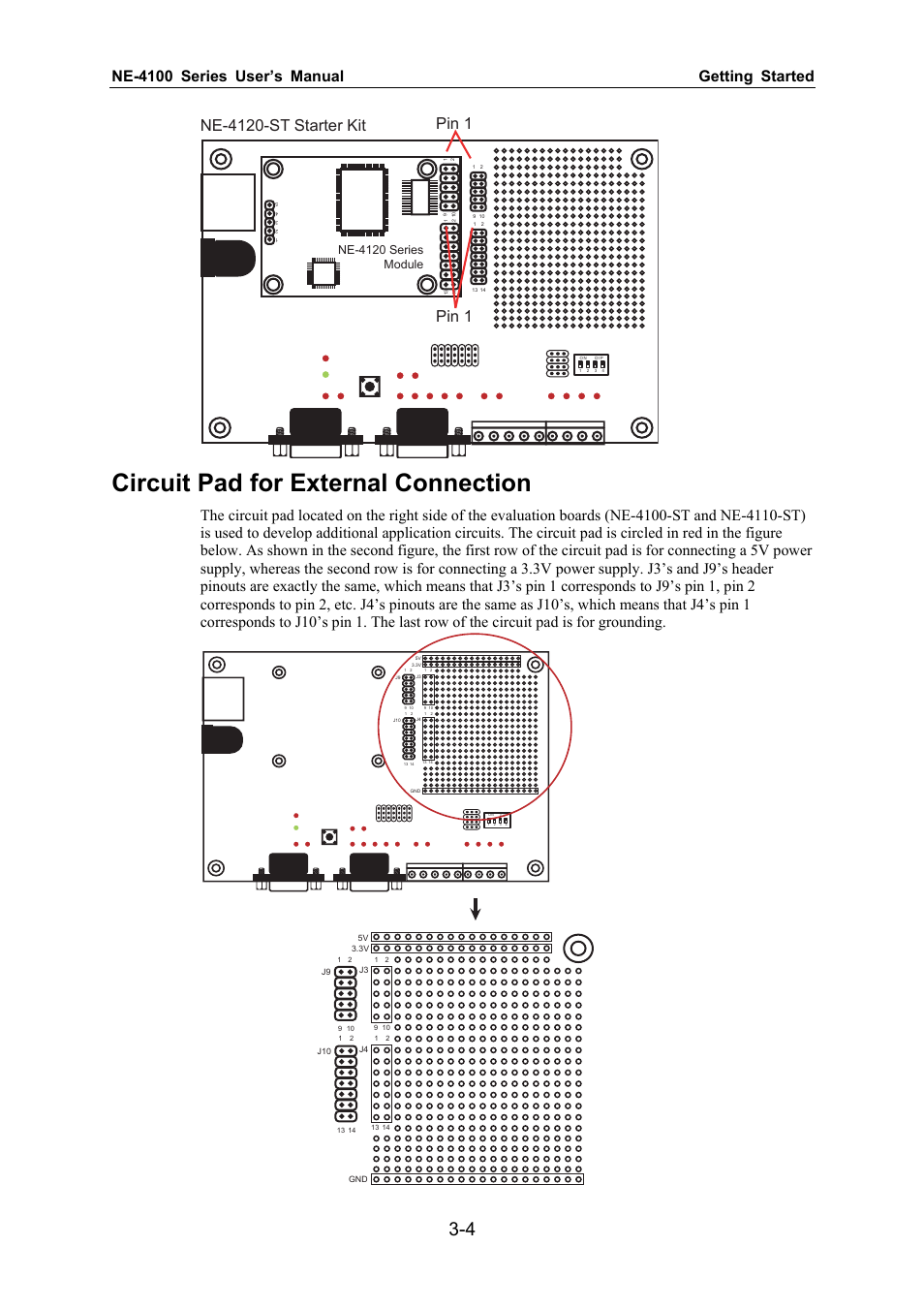 Circuit pad for external connection, Ne-4100 series user’s manual getting started, Pin 1 | Ne-4120 series module | Moxa Technologies NE-4100 User Manual | Page 23 / 90