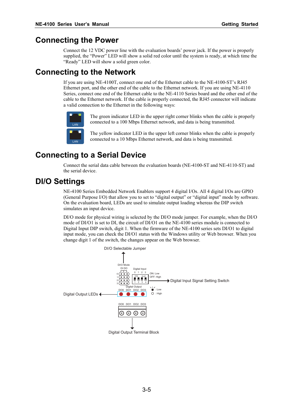 Connecting the power, Connecting to the network, Connecting to a serial device | Di/o settings | Moxa Technologies NE-4100 User Manual | Page 24 / 90