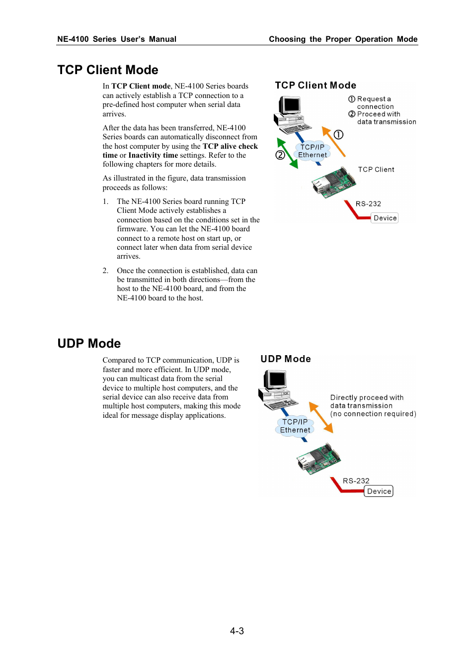 Tcp client mode, Udp mode | Moxa Technologies NE-4100 User Manual | Page 29 / 90