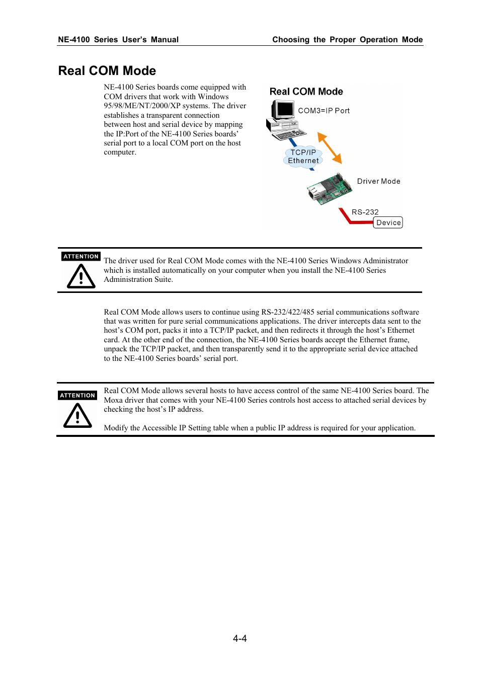 Real com mode | Moxa Technologies NE-4100 User Manual | Page 30 / 90