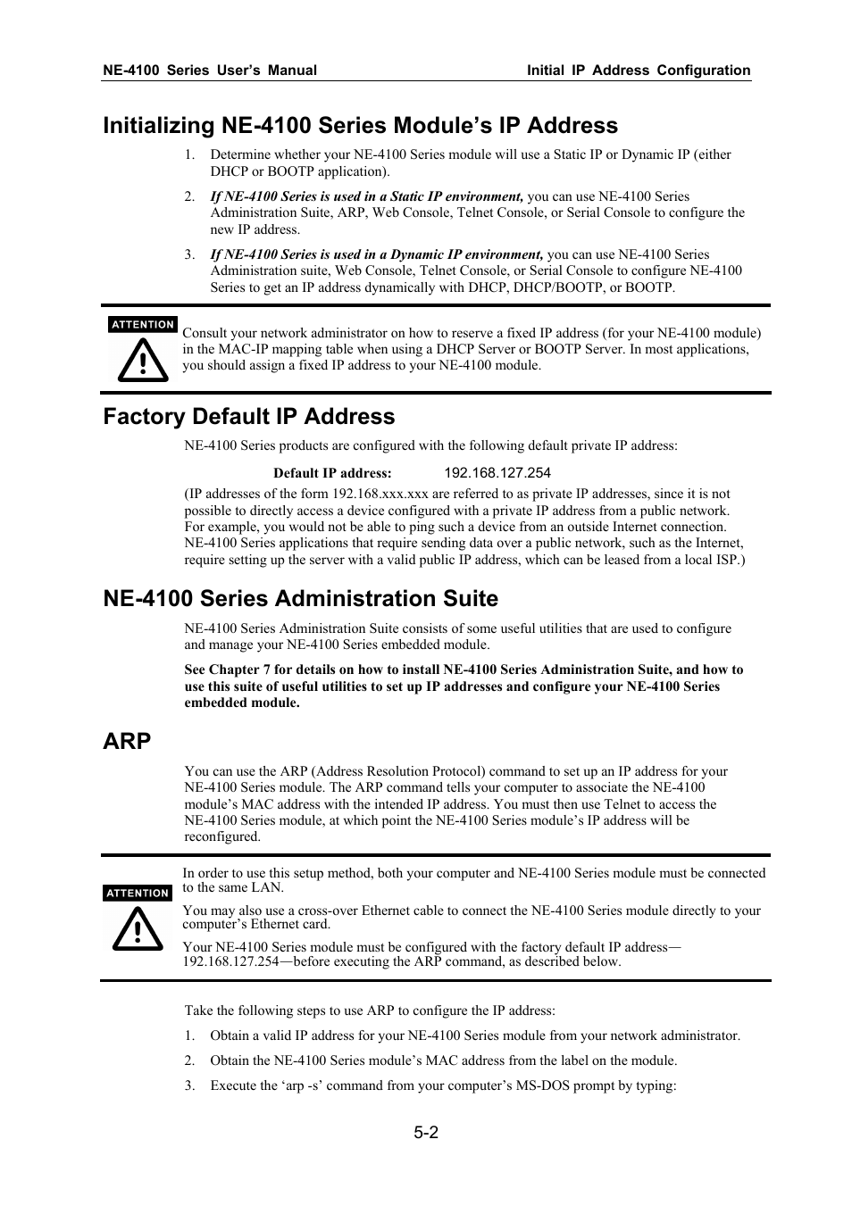 Initializing ne-4100 series module’s ip address, Factory default ip address, Ne-4100 series administration suite | Moxa Technologies NE-4100 User Manual | Page 32 / 90