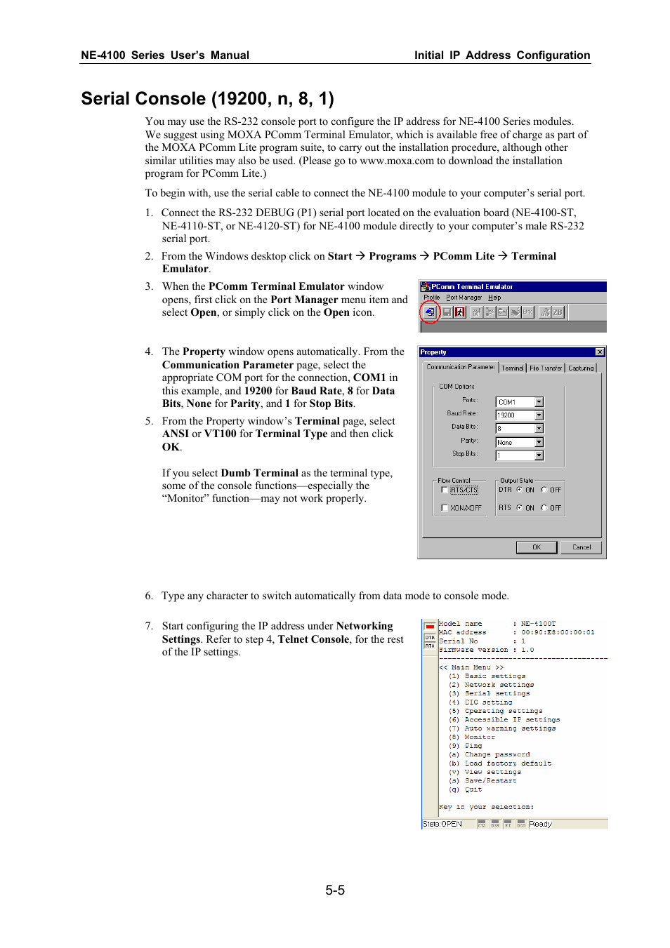 Serial console (19200, n, 8, 1) | Moxa Technologies NE-4100 User Manual | Page 35 / 90