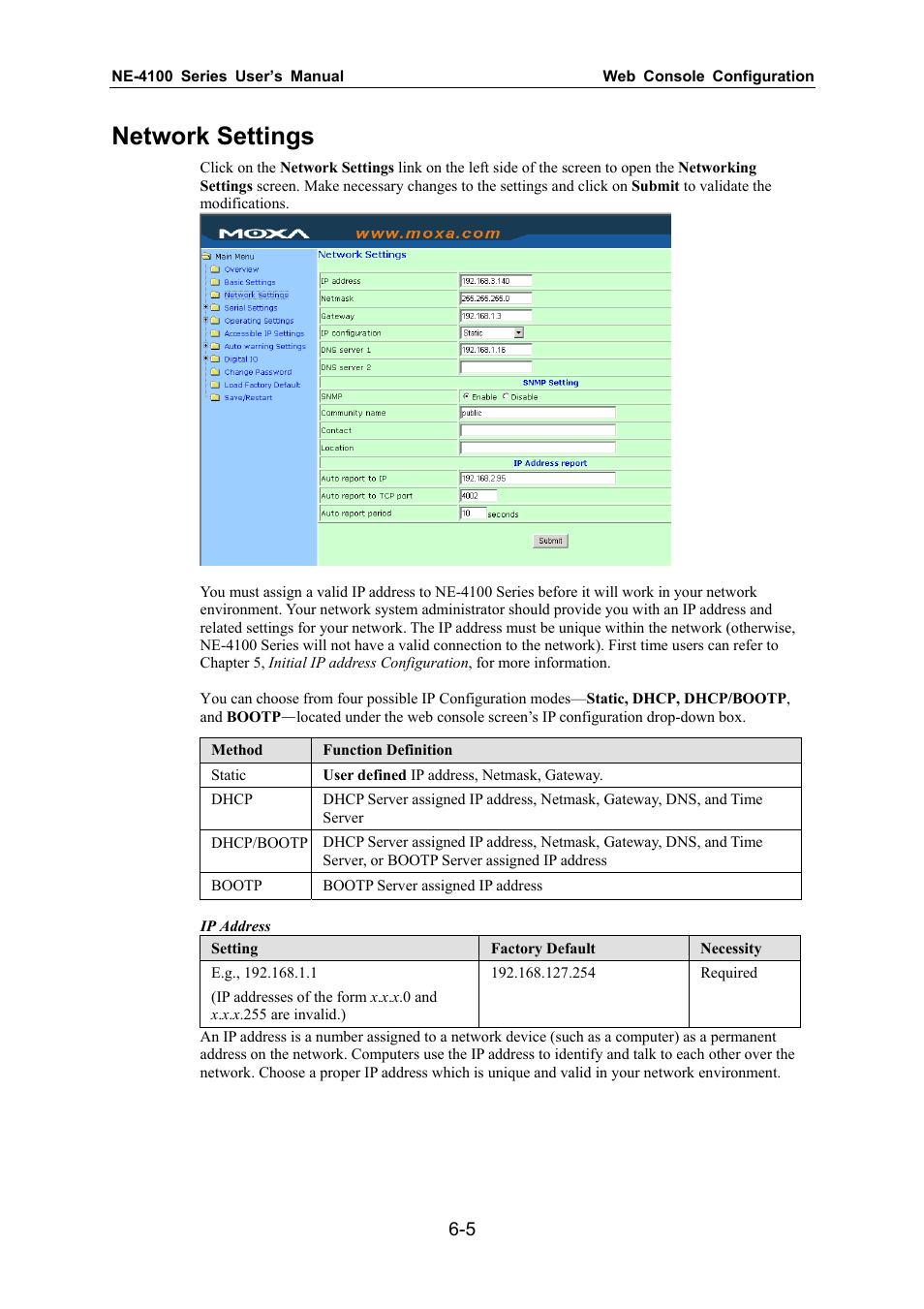 Network settings | Moxa Technologies NE-4100 User Manual | Page 40 / 90