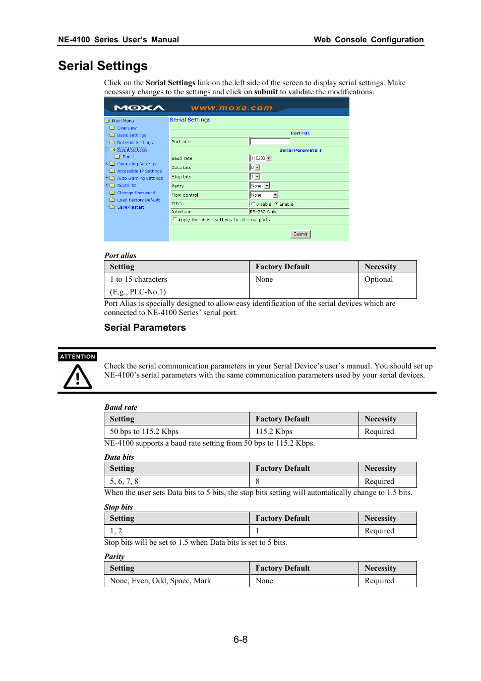 Serial settings | Moxa Technologies NE-4100 User Manual | Page 43 / 90