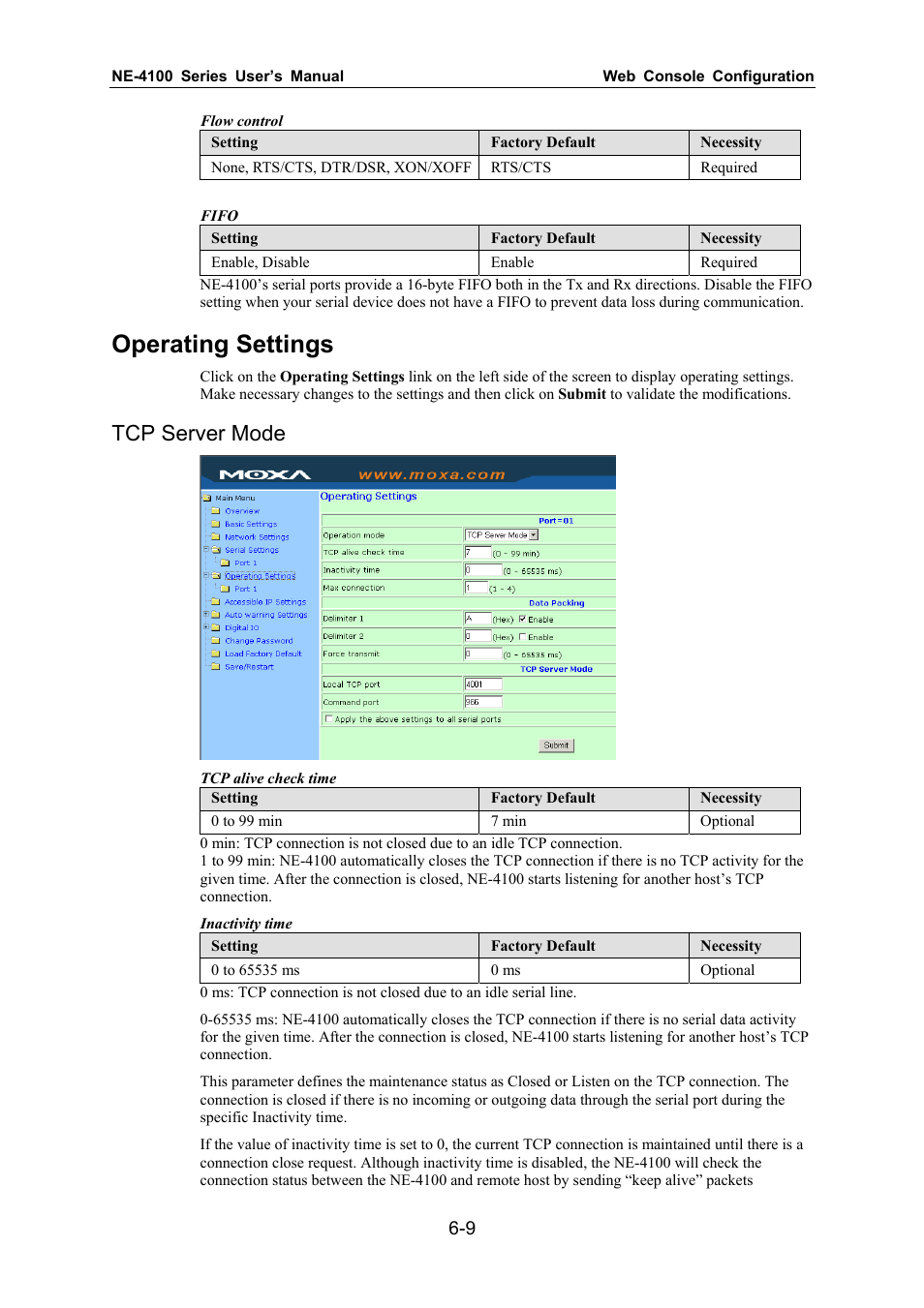 Operating settings, Tcp server mode | Moxa Technologies NE-4100 User Manual | Page 44 / 90