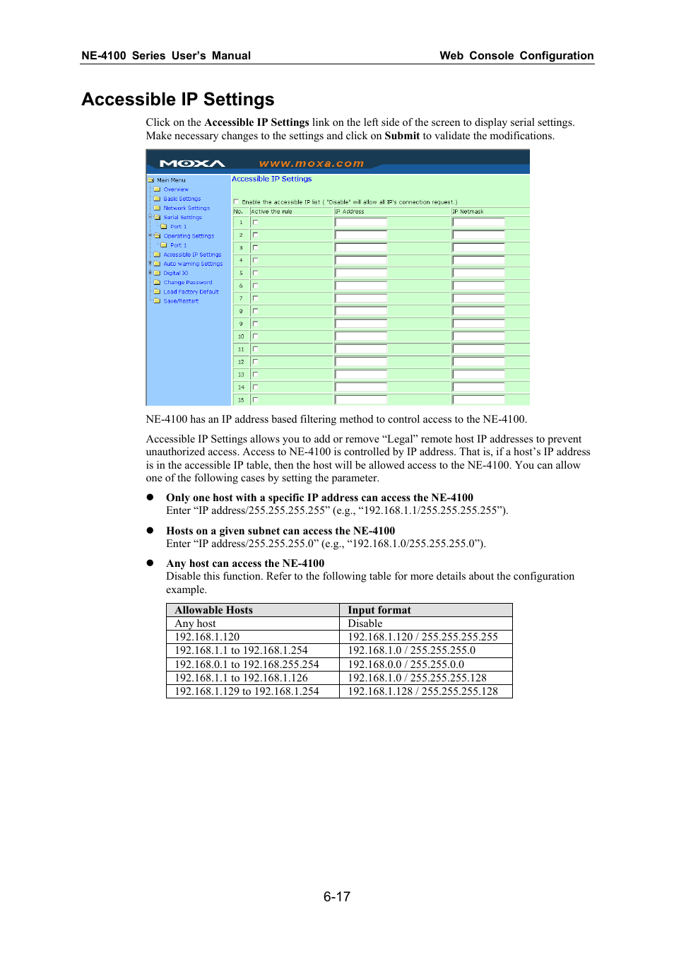 Accessible ip settings | Moxa Technologies NE-4100 User Manual | Page 52 / 90